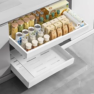 Telescopic Drawer, Kitchen Drawer, Expandable 32-52cm, Extendable Kitchen Drawer, Telescopic Box, Kitchen Drawer, Slider, No Need for Drilling (White)