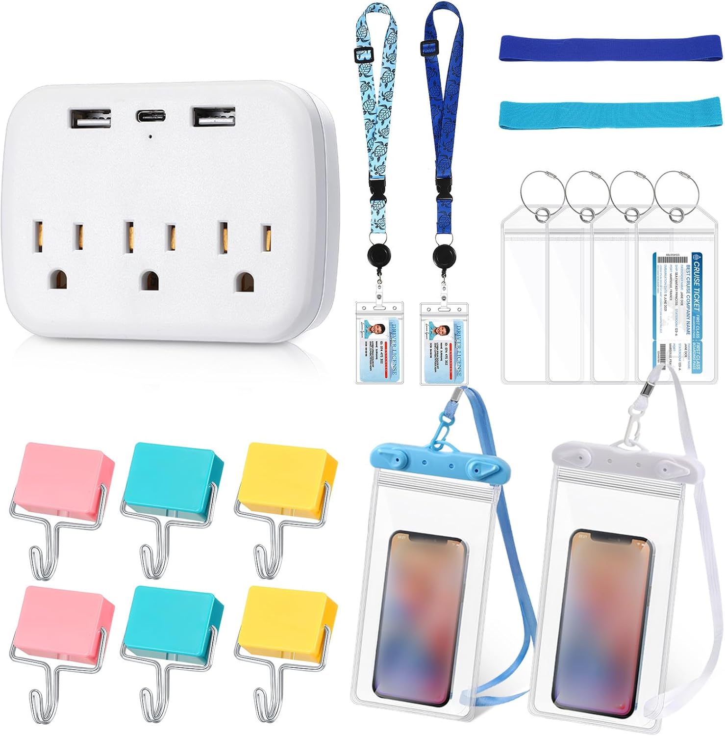 Glenmal 17 Pcs Cruise Ship Essentials Accessories Kit Includes Carnival Cruise Luggage Tags Holder With Metal Loop, Towel Bands, Turtle Lanyards, Power Strip, Magnetic Hook, Waterproof Phone Bag