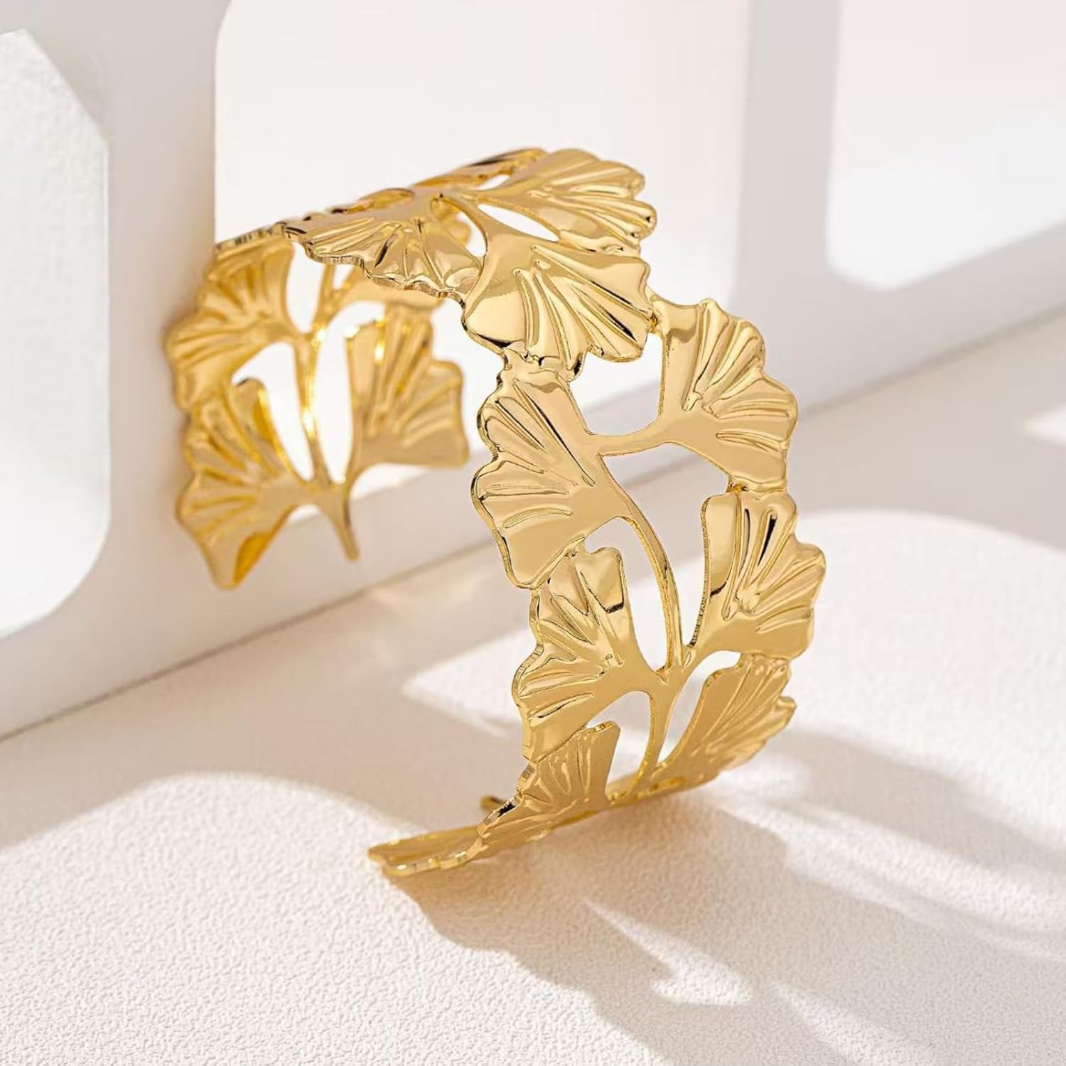 72ore Gold Chunky Bracelet for Women Cuff Bangle Ginkgo Leaf Statement Vintage Bracelets Wedding Party Prom Elegant Dresses Accessories Trendy Jewelry Gift - Image 6