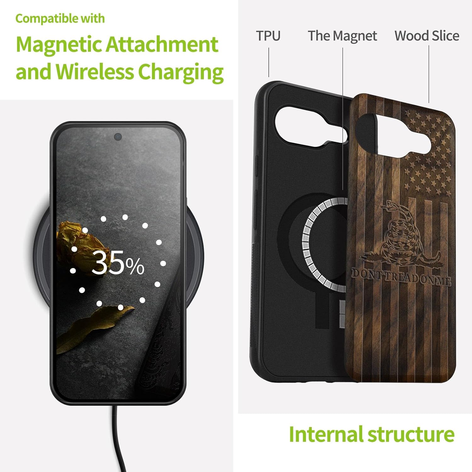 Carveit Magnetic Wooden Case for Google Pixel 9a Case, Wood Artisan Engraved & Soft TPU Shockproof Cover, Compatible with MagSafe Wireless Chargers (Gadsden and American Flag) Walnut