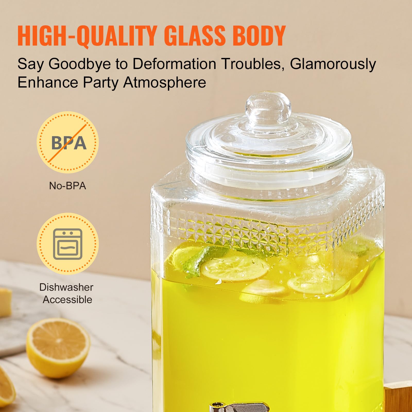 VEVOR Dispensador de Bebidas de 5,5 Litros para Fiestas, Dispensador de Jugo de Vidrio con Soporte, Espiga de Acero Inoxidable, Dispensador de Agua de Jugo de Limonada de Té Helado, 215 x 215 x 425 mm