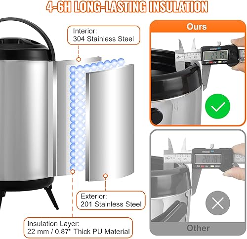 Miniatura 3 de VEVOR Dispensador de bebidas aislado de acero inoxidable, 2 galones de 7.6 litros, dispensador térmico de bebidas frías y calientes con mango de