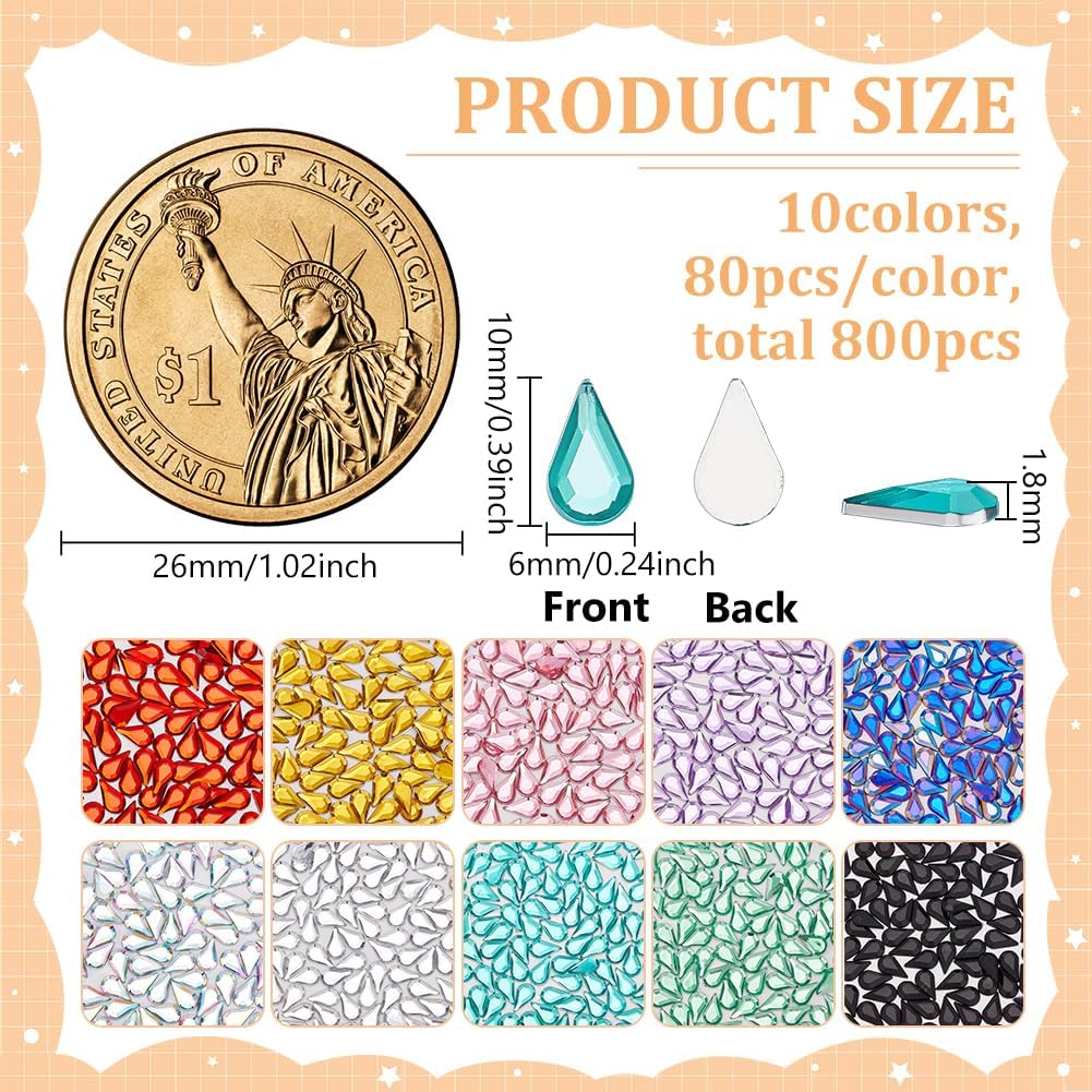 FINGERINSPIRE 800PCS Flat Back Rhinestones 10 Color Acrylic Teardrop Gems 6x10MM/0.24x0.39 Inch Teardrop Point Back Rhinestone for Jewelry Making DIY Crafts Costume Embellishments