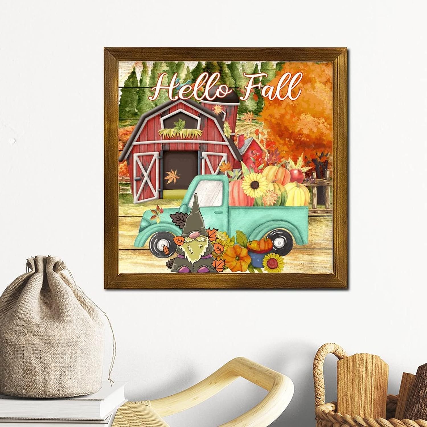 Hello Fall Pumpkin Green Truck Framed Wooden Signs Farm Gnome Sunflower Maple Leaf Wooden Wall Art Signs Retro Autumn Harvest Hanging Wall Signs Decorative for Living Room Wall Home 12x12 inch