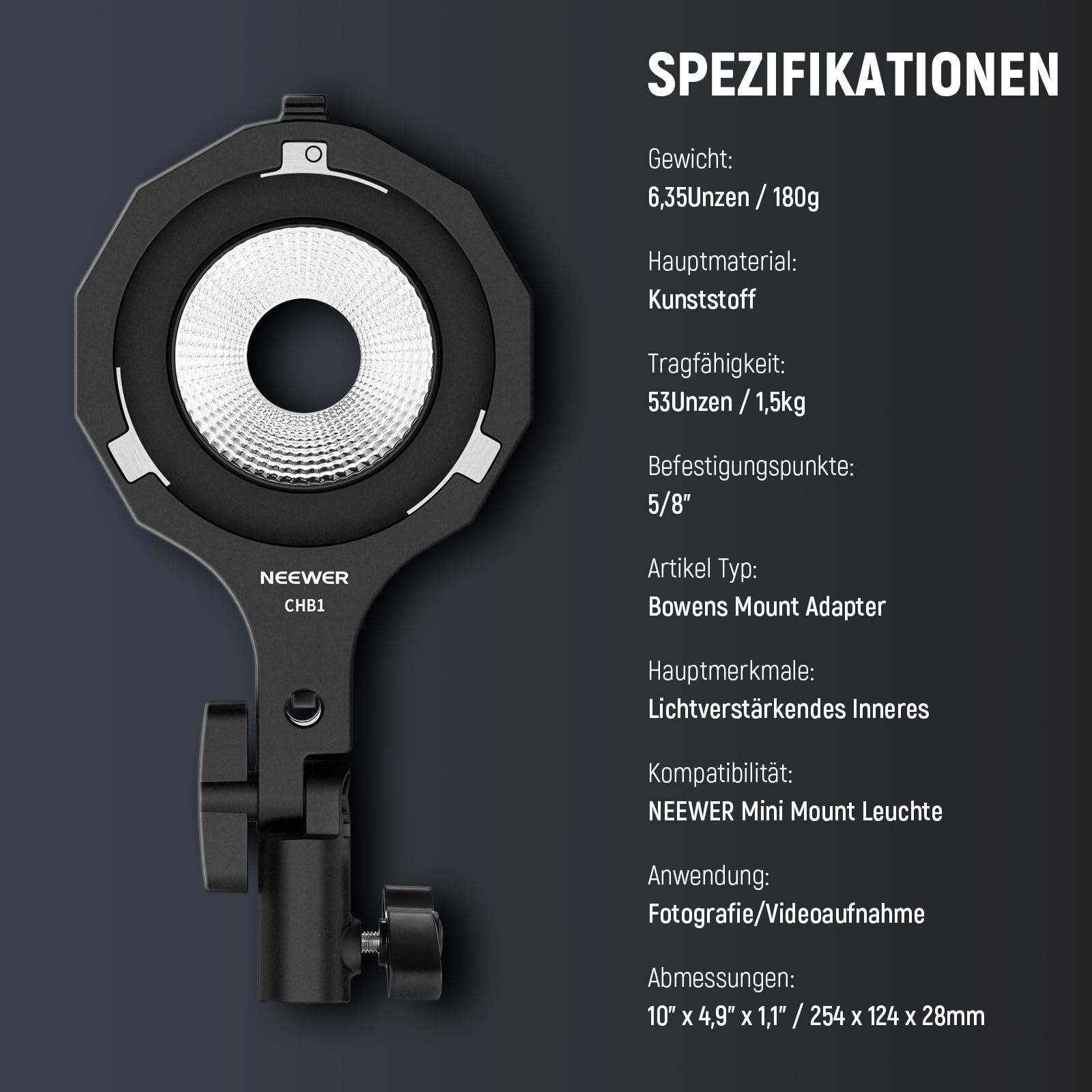 NEEWER Bowens Halterung, Mini zu Bowens Adapterring mit Schirmhalterung, 5/8" Aufnahme, 180° Neigung, NUR für NEEWER Mini Halterungsleuchten, CHB1