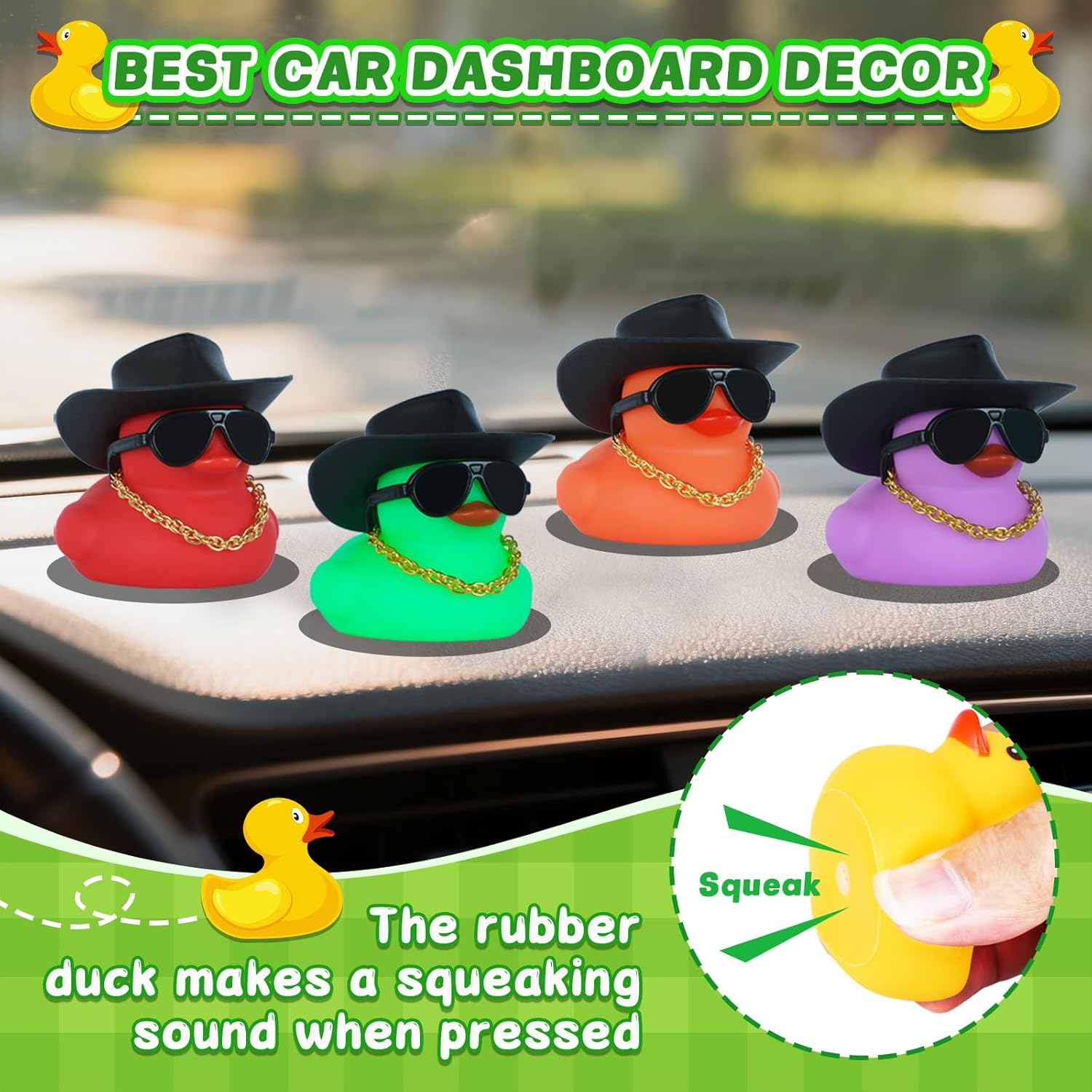 12PCS Cowboy Ducks with Hat & Sunglasses - Colorful Rubber Duck Car Decor for Dashboard, Funny Car Accessories with Golden Necklace, Squeeze Squeaky Stress Relief Decoration for Adults