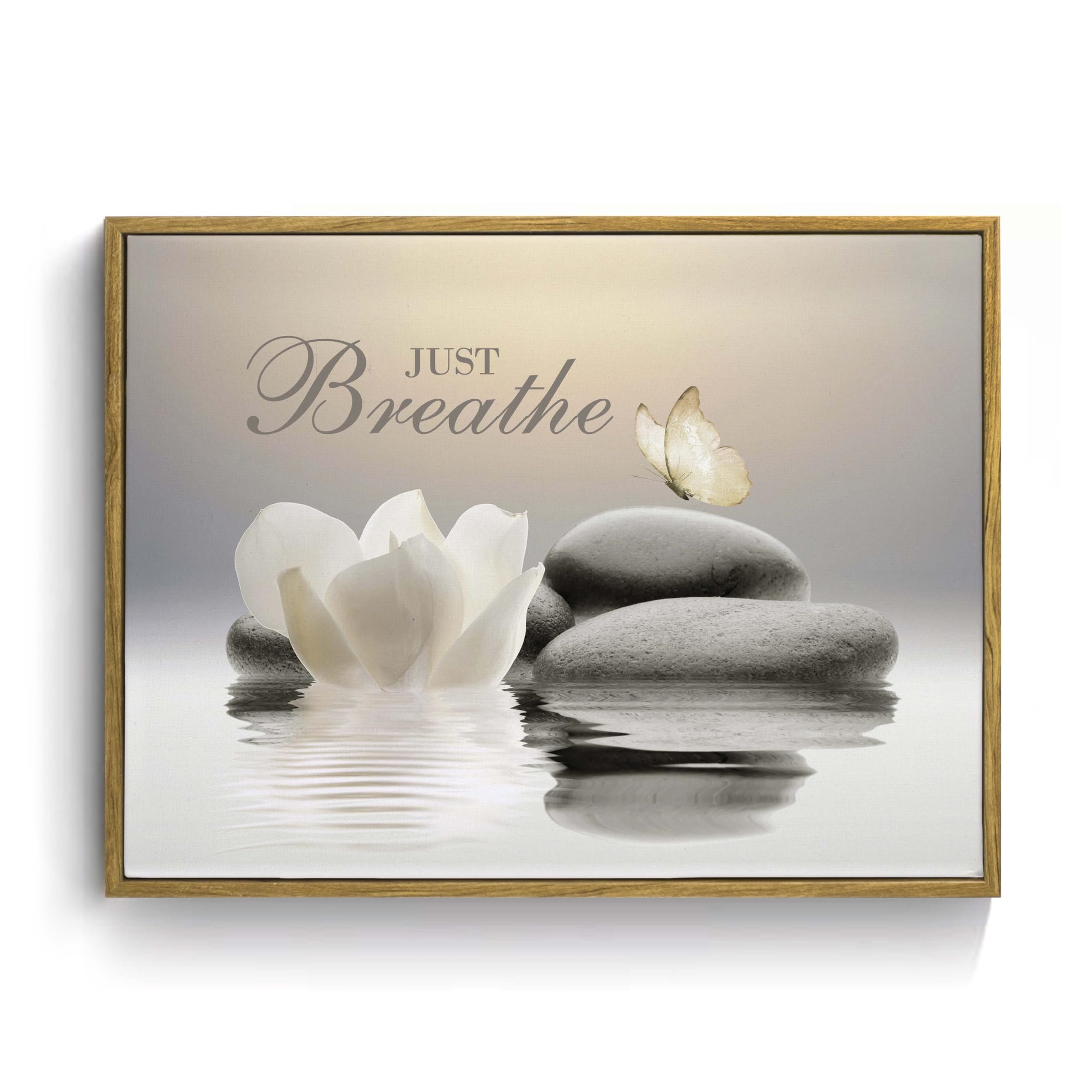 EOBTAIN Zen Framed Wall Art for Living Room,White Flower Pictures Decorative Painting,Relaxing Just Breathe Canvas Prints Art Wall Decor for Bedroom Calming Aesthetic Artwork for Home Office,12x17