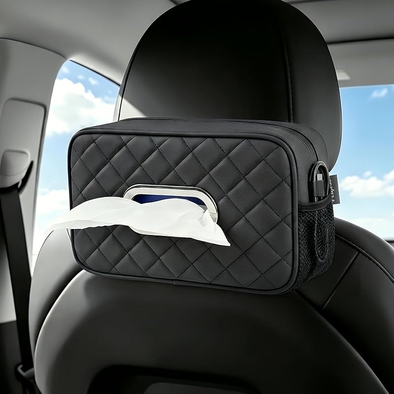 Organizador de lenços para carro com 2 bolsos de tela, capa retangular com padrão diamante preto Pcnjozx PCX01