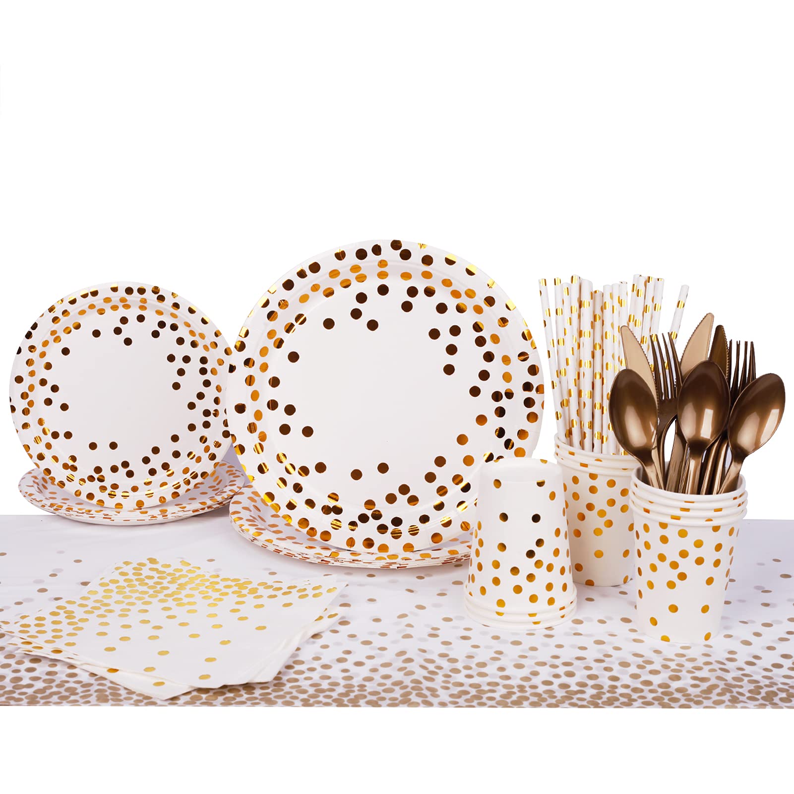Beauenty 66 PCS Gold Dot Party Supplies Party Tableware Disposable Paper Plates, Cups and Napkins, Tableware Sets for Baby Shower Birthday Wedding Party