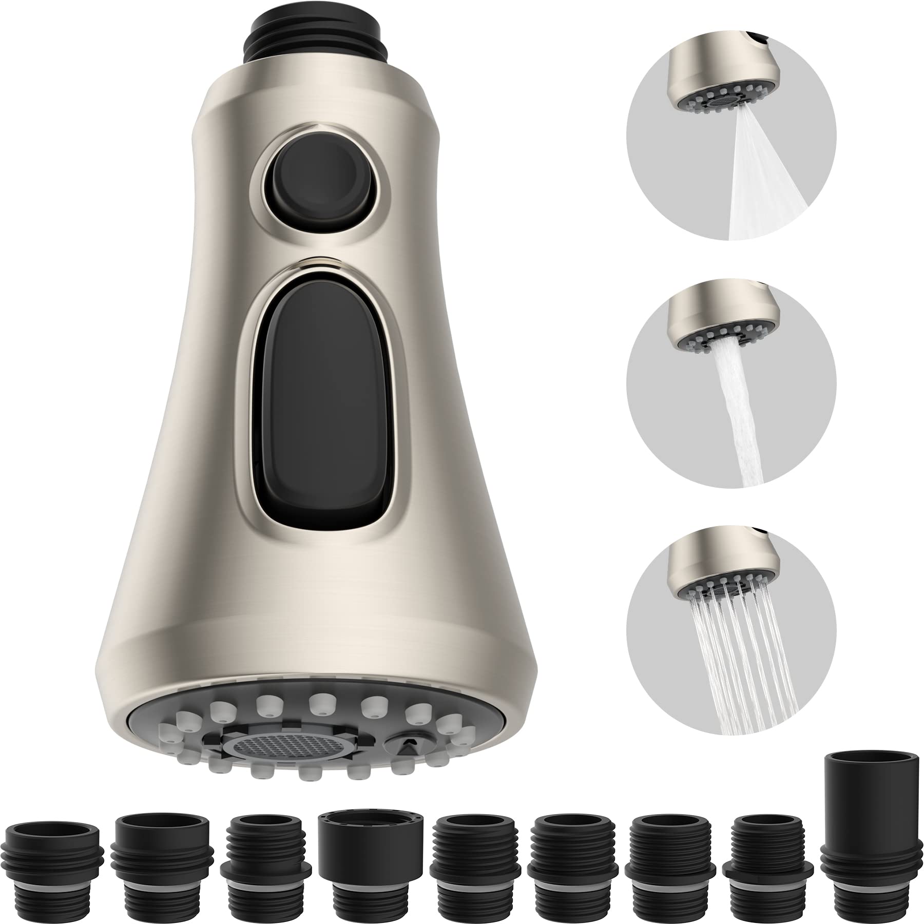 Pull Down Kitchen Faucet Head Replacement with 9 Adapter Kit, 3 Function Kitchen Faucet Sprayer Head Pull Out Spray Head for Kitchen Faucet Kitchen ...