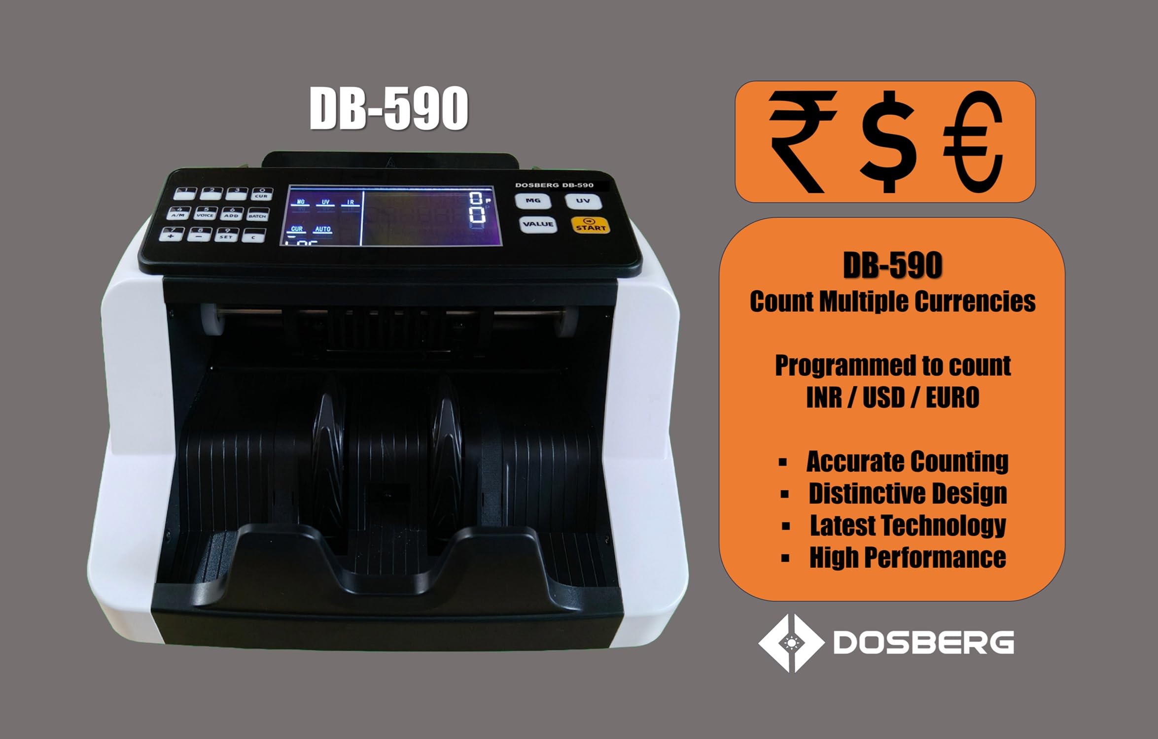 Dosberg DB-590 Currency Counting Machine with Counterfeit Detection I Add and Batch Modes - Large LCD Display/Numeric Keypad I Perfect Speed Counting 4