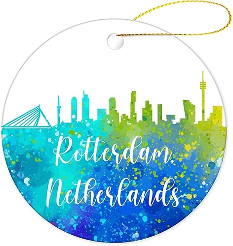 Adorno de Navidad Países Bajos y Rotterdam para colgar en el árbol de Navidad, recuerdo redondo de porcelana de doble caracerámica colorida pintura