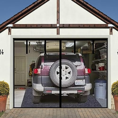 Magnetic Garage Screen Door for 1 Car Garage Doors 8x7FT- Reinforced Self Sealing Fiberglass Mesh Door with 4 Strapping Tapes, High Energy Magnets, Hands Free Door Screen with Closure Weighted Bottom