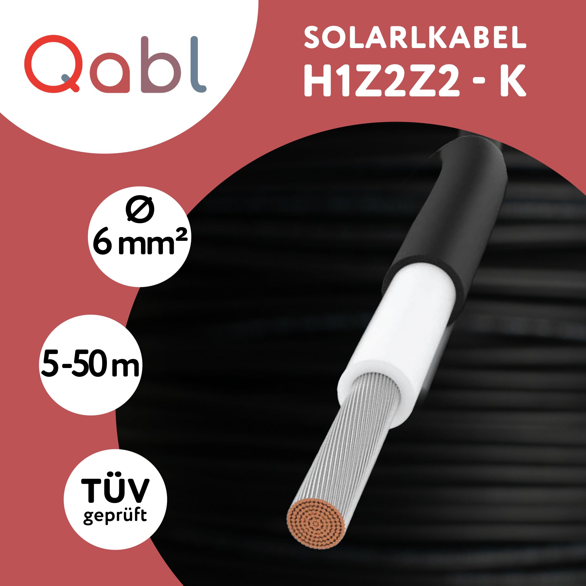 Qabl Solarkabel 6mm² 50m schwarz - Solarleitung H1Z2Z2 - TÜV geprüft - UV beständig, flexibel, PV Kabel, Photovoltaik Kabel, Solar Anschlusskabel für Solarpanel
