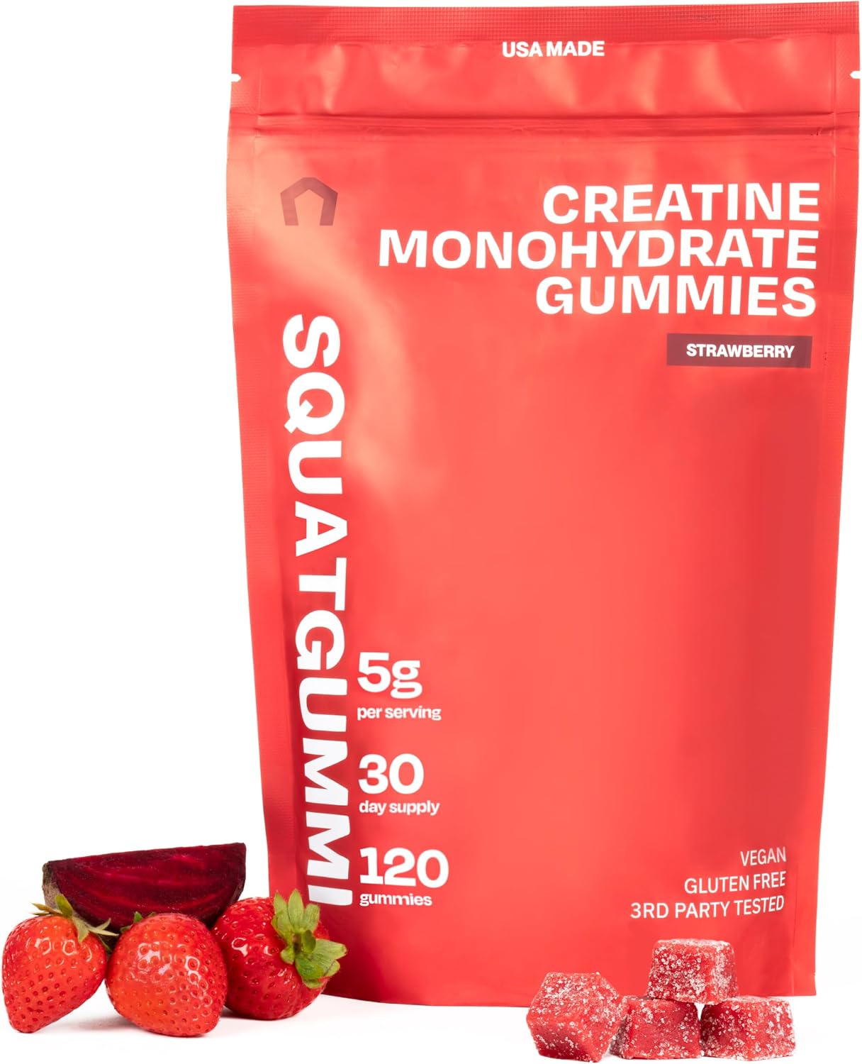 3rd Party Tested Creatine Gummies 5g per Serving, Creatine Monohydrate, Strength and Recovery, Vegan and Gluten Free, Strawberry, 120 Count (30 Day Supply), Made in USA