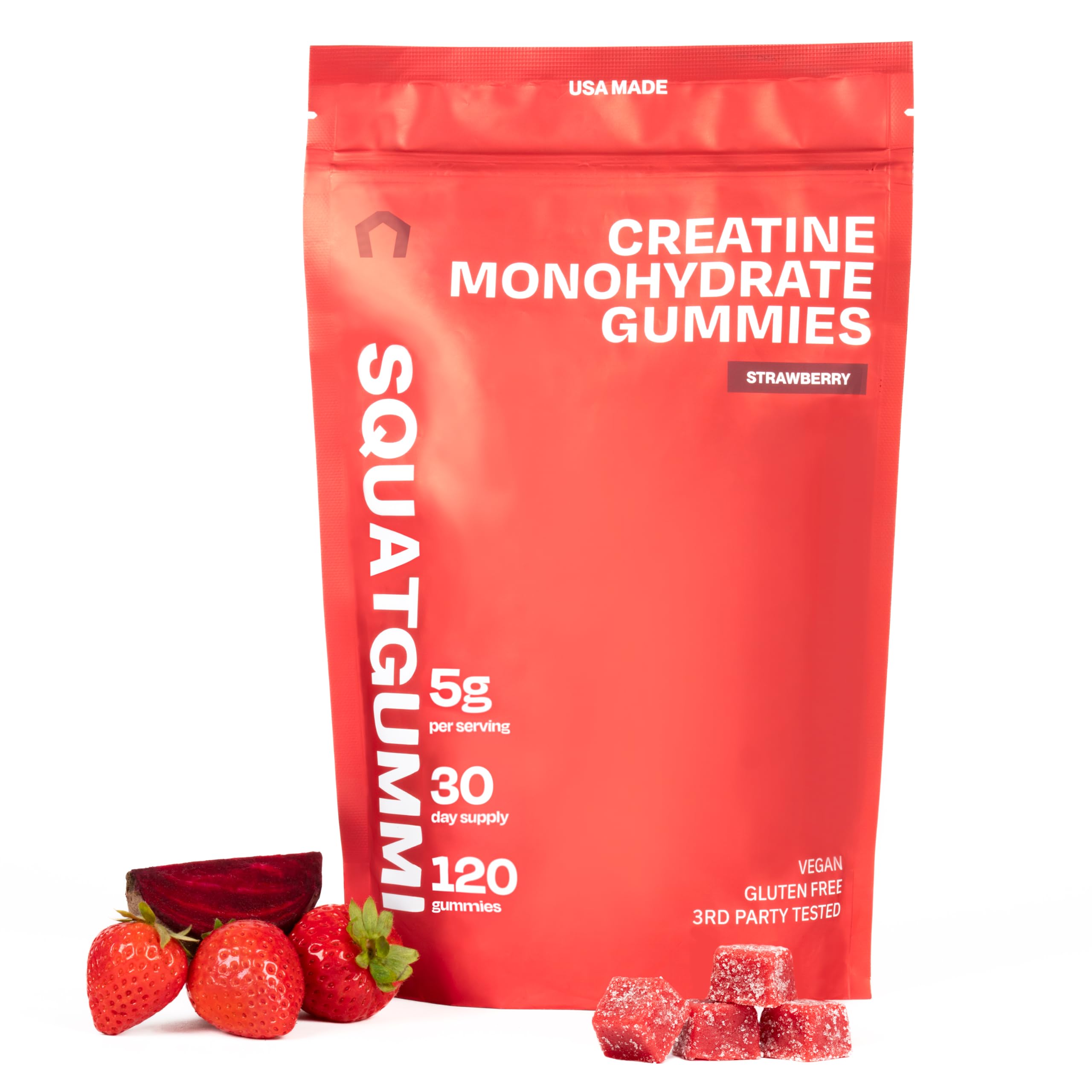 3rd Party Tested Creatine Gummies 5g per Serving, Creatine Monohydrate, Strength and Recovery, Vegan and Gluten Free, Strawberry, 120 Count (30 Day Supply), Made in USA