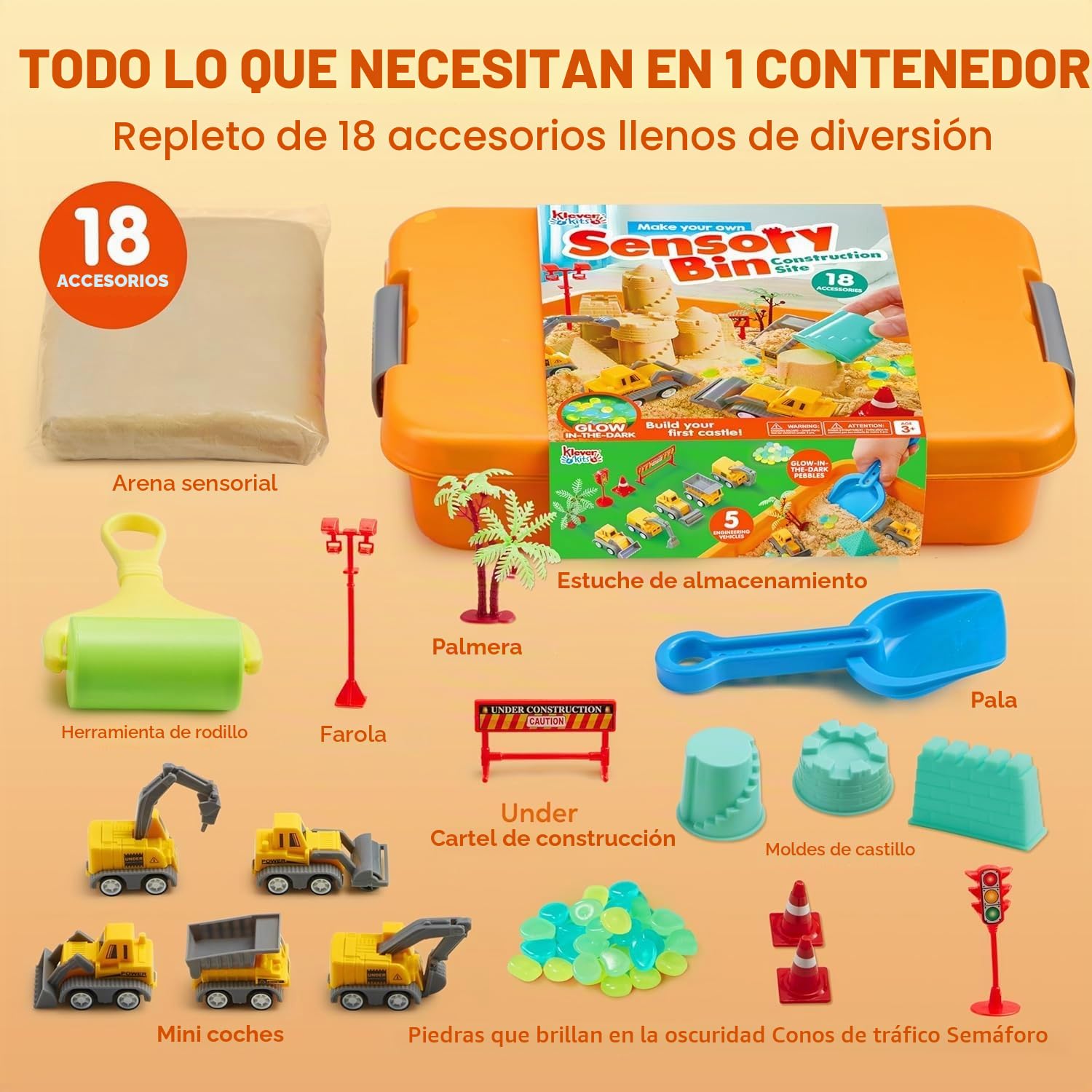 Klever Kits Caja sensorial de construcción para niños pequeños con Piedras Que Brillan en la Oscuridad, arenero con Tapa, Kit para Construir Castillos, Actividades de Aprendizaje Preescolar
