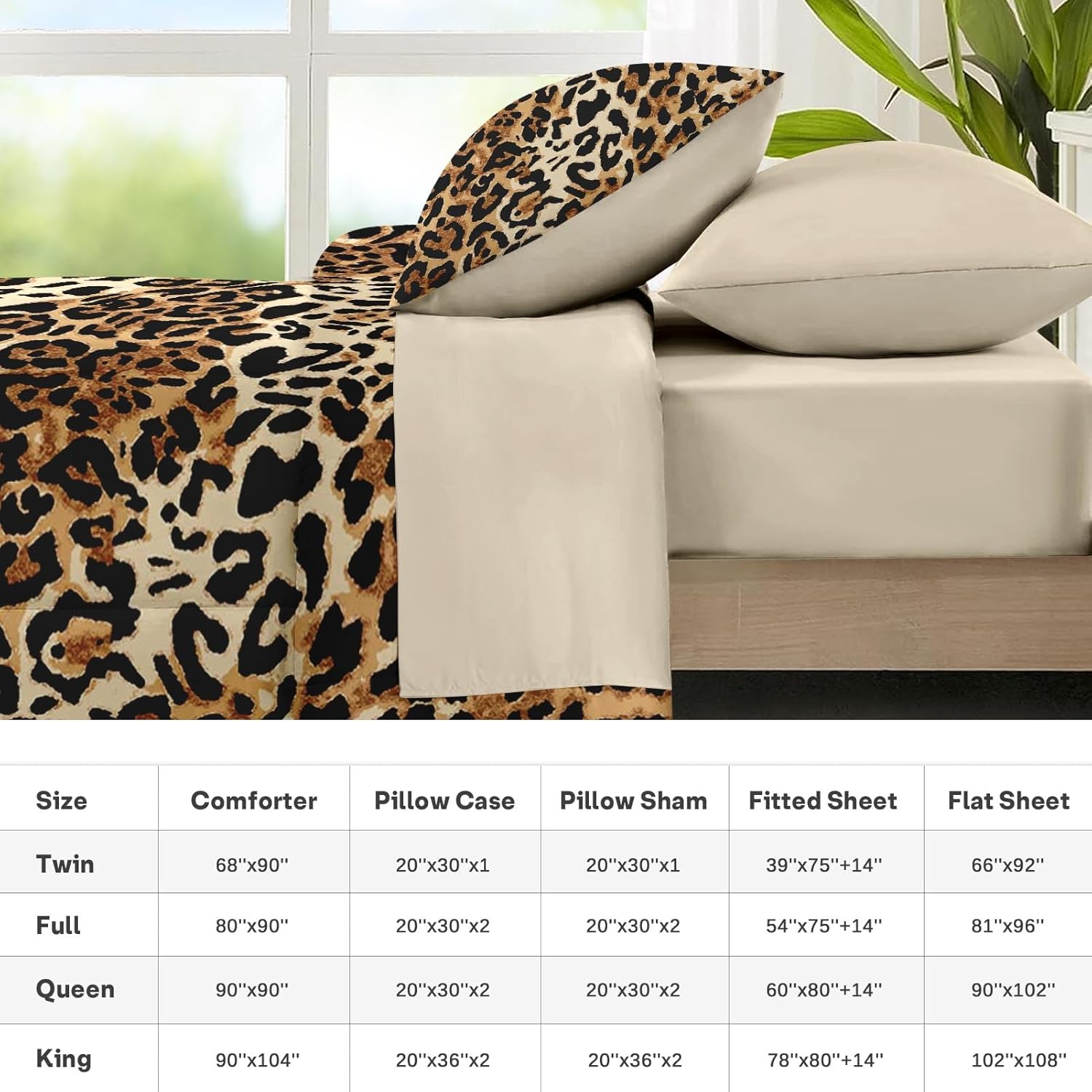 Nesker Comforter Set Queen Size, Leopard Print Wild Cheetah 7 Pcs Bedding for Kids and Adults, Animal Safari Skin Pattern Bed Sheet Sets with Fitted Sheet 2 Pillowcases & 2 Shams