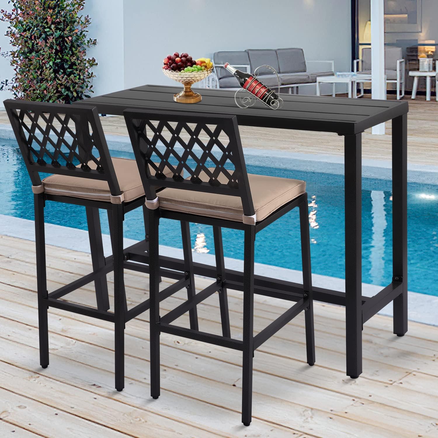 Metal Dining Bar Stools, Outdoor Bar Height Stool, Indoor Outdoor Stools with High Back & Cushions, Black Matte Finish, 29" Barstools for Patio, Bistro
