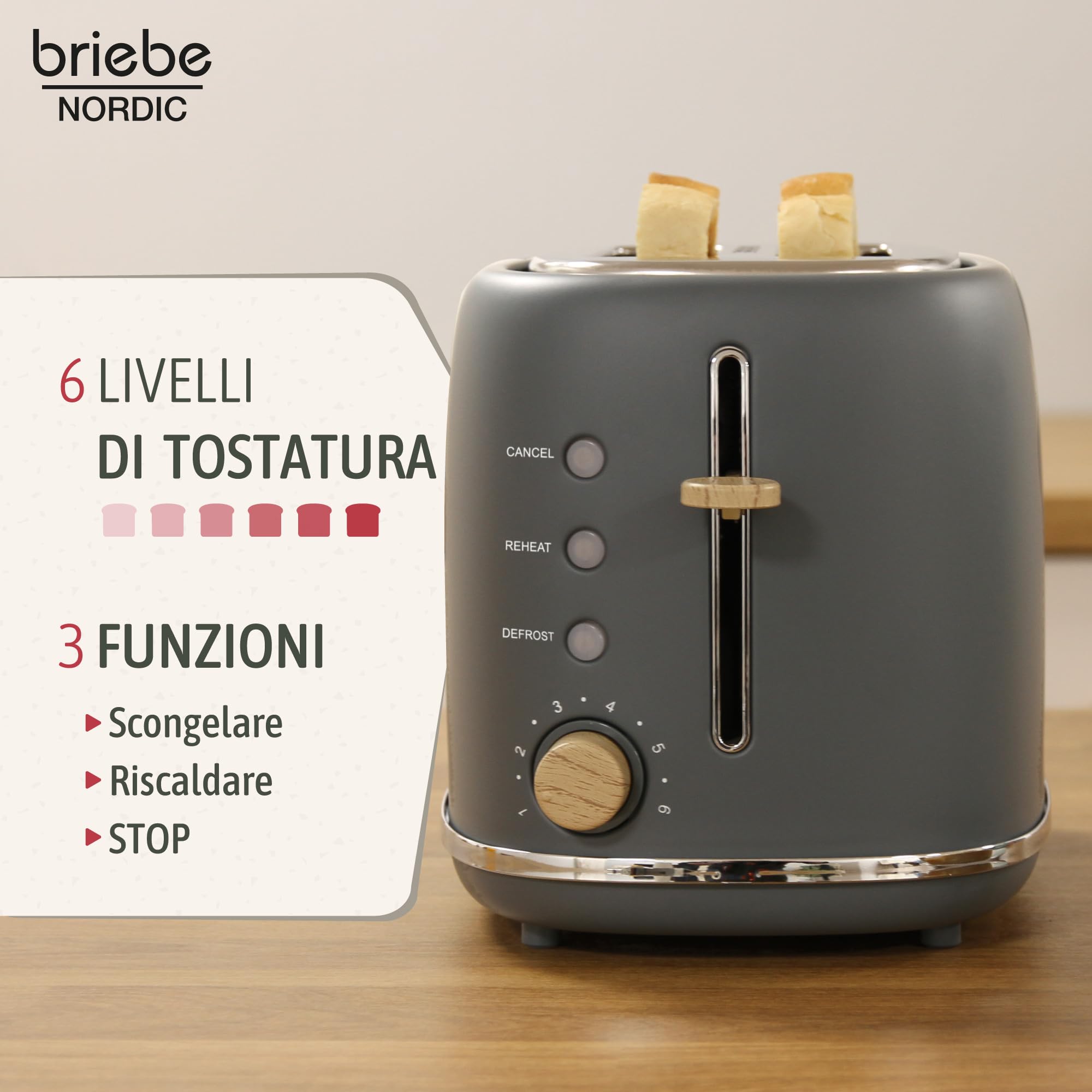 briebe Nordic Tostapane a Fessura Larga a 2 Fette, 6 Livelli di Tostatura, Pinze + Bollitore Elettrico 1,7L Cordless, Ebollizione Rapida 2200 W, senza BPA, Set Colazione Design Nordique, Grigio
