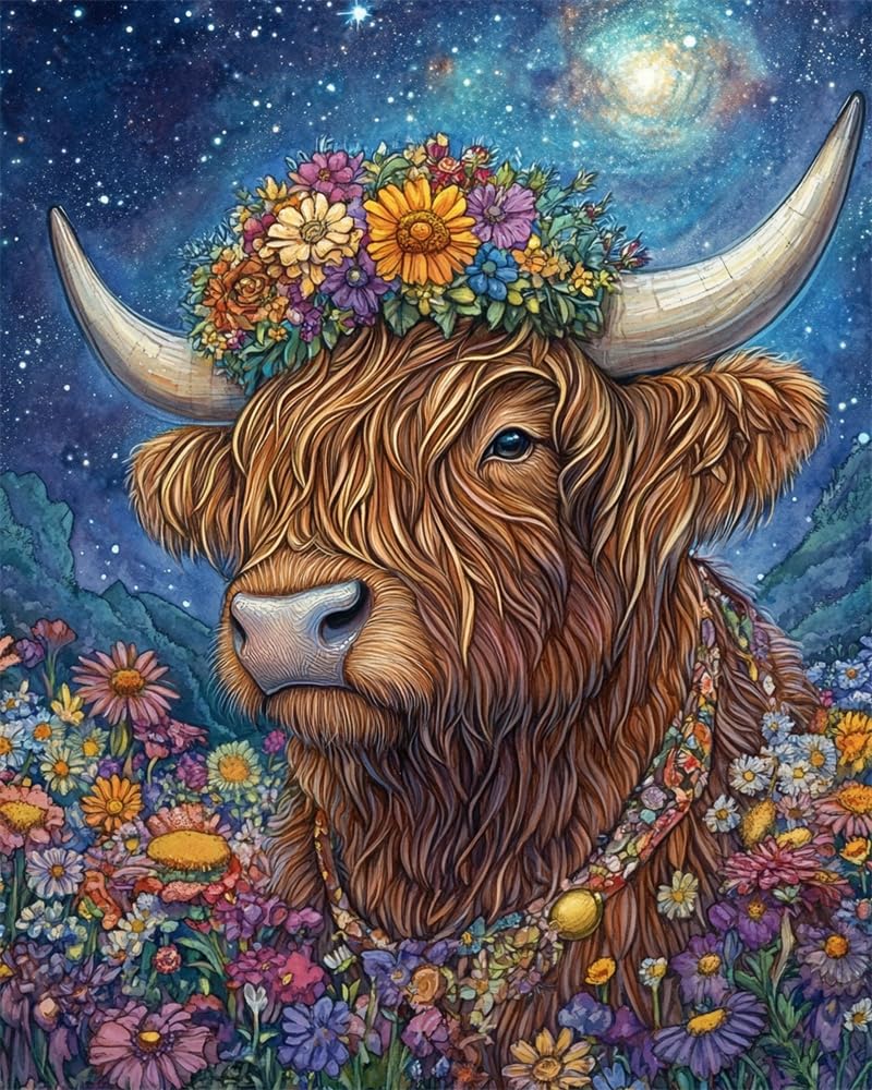 Henypt Cross Stitch Kits 11Ct Stamped Patterns Highland Cattle Wearing A Floral-Wreath Hat for Adults DIY Preprinted Embroidery Kit for Beginner
