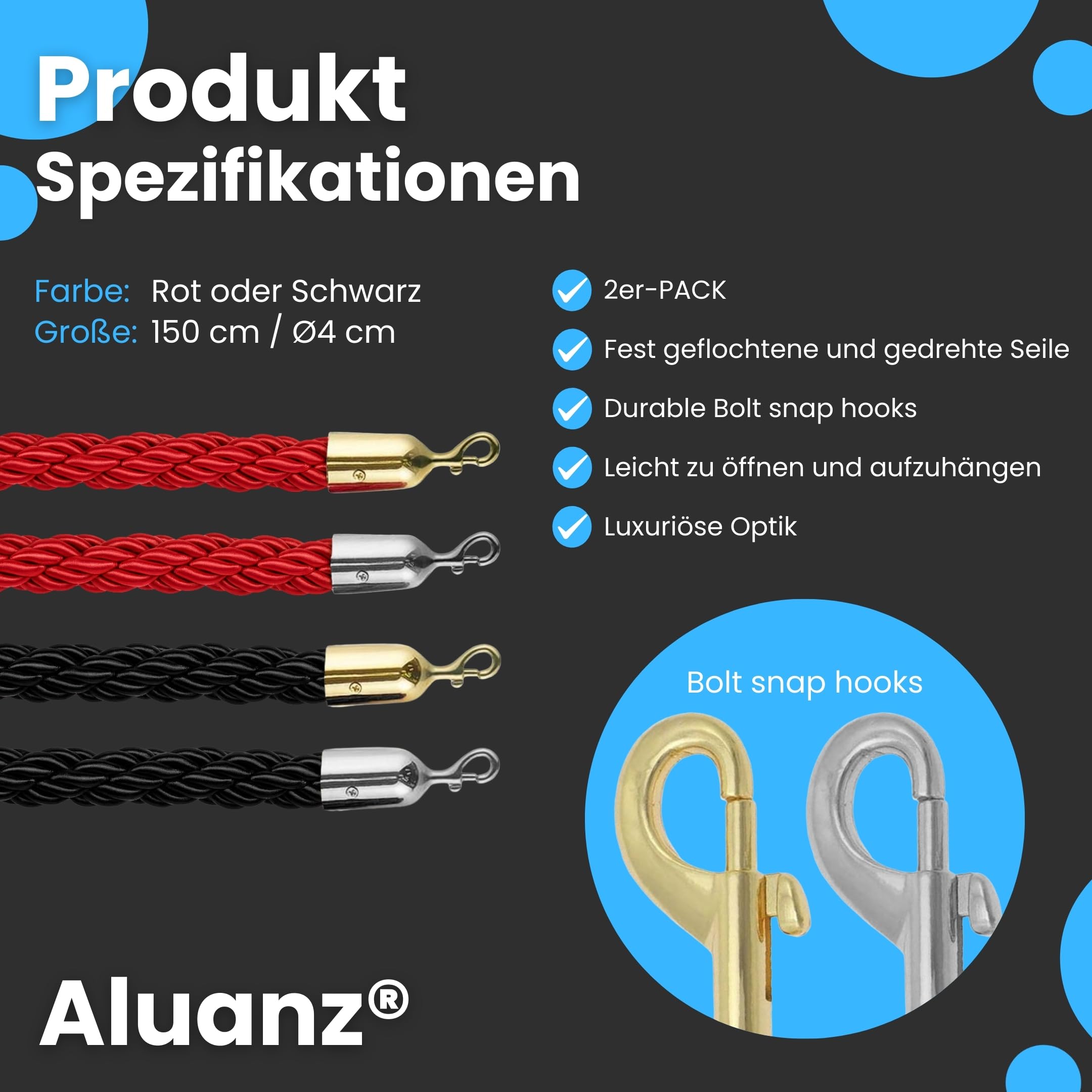 Absperrkordel mit Haken 150 cm, 2 STÜCK - Geflochtenes Absperrseil mit Edelstahl Verschluss, Absperrband für Absperrpfosten und VIP Pfosten - Ø 32 mm - Rot/Gold