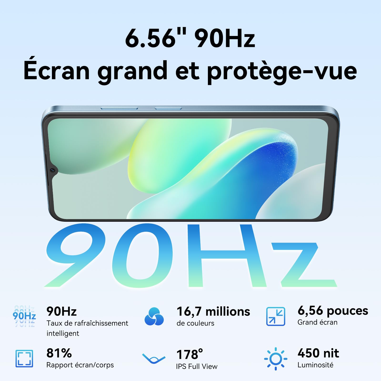 Téléphone Portable Pas Cher 18Go+256Go/TF 2To, Smartphone Android 4G Double SIM, Écran 6,56'' HD+ 90Hz, Batterie 5000mAh, Caméra AI 13MP+8MP, Face ID/OTG/GPS, Garantie 3 Ans - Bleu