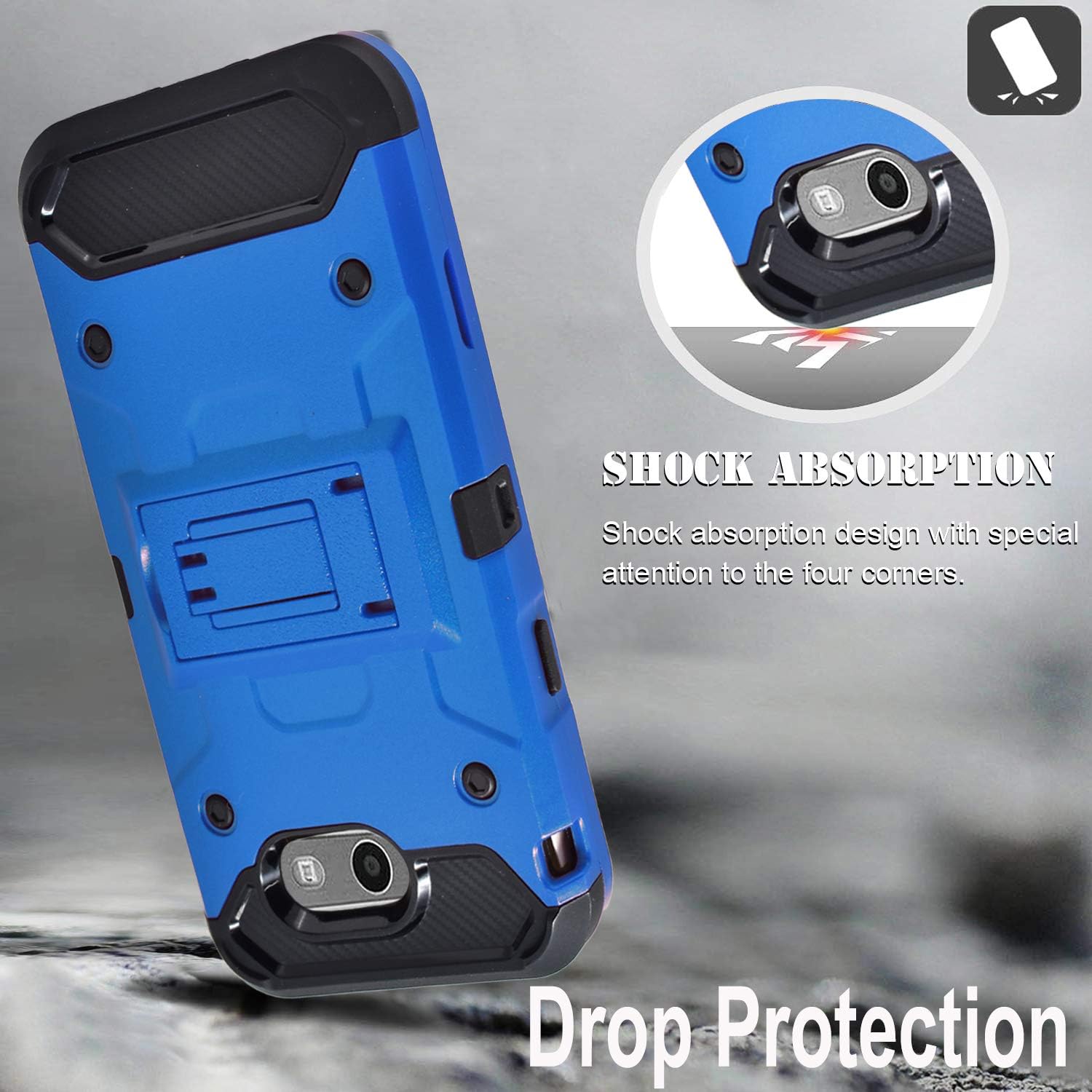 Galaxy J3 Luna Pro/J3 Eclipse/J3 Emerge/J3 Mission/J3 Prime/Express Prime 2/Amp Prime 2/Sol 2/J3 2017 Case, with Tempered Glass Screen Protector, Heavy Duty Cover and Kickstand Belt Clip-Blue