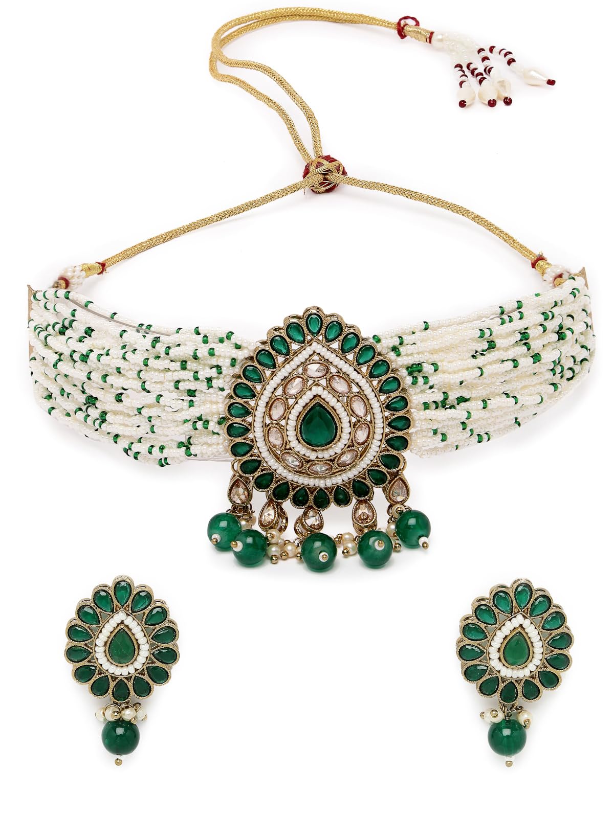 Sukkhi Amazing Gold Plated Green Drop Shaped Kundan & Beads Multistrand Choker Necklace Set With Studs Earring | Jewellery Set For Women (NS105539) (B0CBBFYHGG) Amazon Price History, Amazon Price Tracker