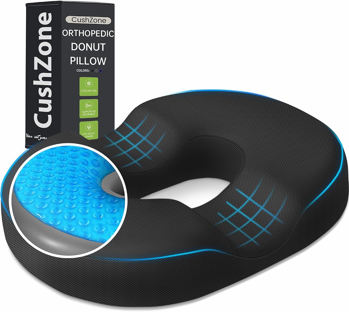 CushZone Donut Pillow Seat Cushion - Cooling Gel Floor Pillow, Memory Foam Floor Cushion for Office &amp; Home, Car Seat, Hemorrhoids Pillow, Sciatica &amp; Tailbone Pain Relief Chair Cushion, Black