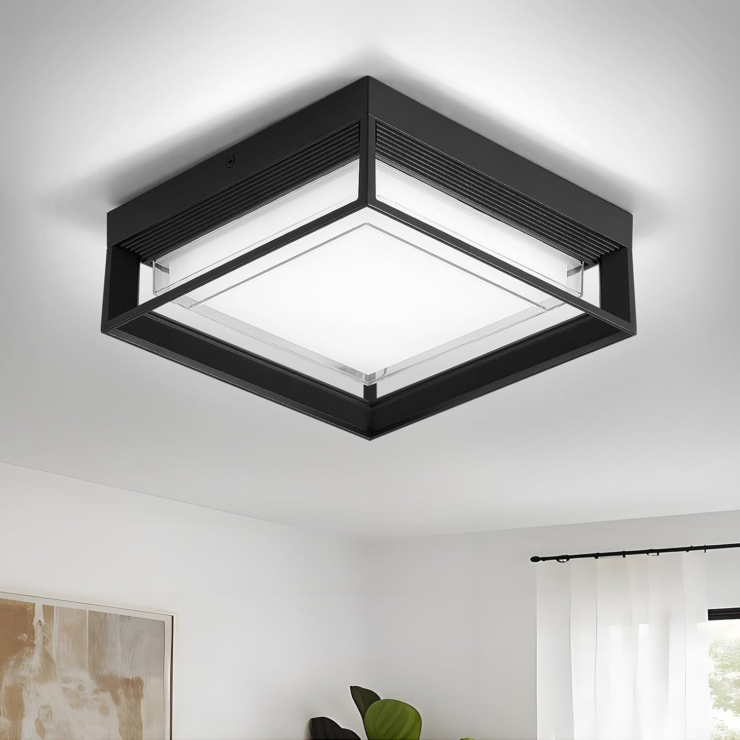 120V 24W 9” Daylight 6000K Outdoor Modern Black LED Ceiling Flush Mount Porch Light for Wall or Ceiling, Square Aluminum Exterior Lighting Fixture IP65 Waterproof for Patio Stairway Garage Balcony
