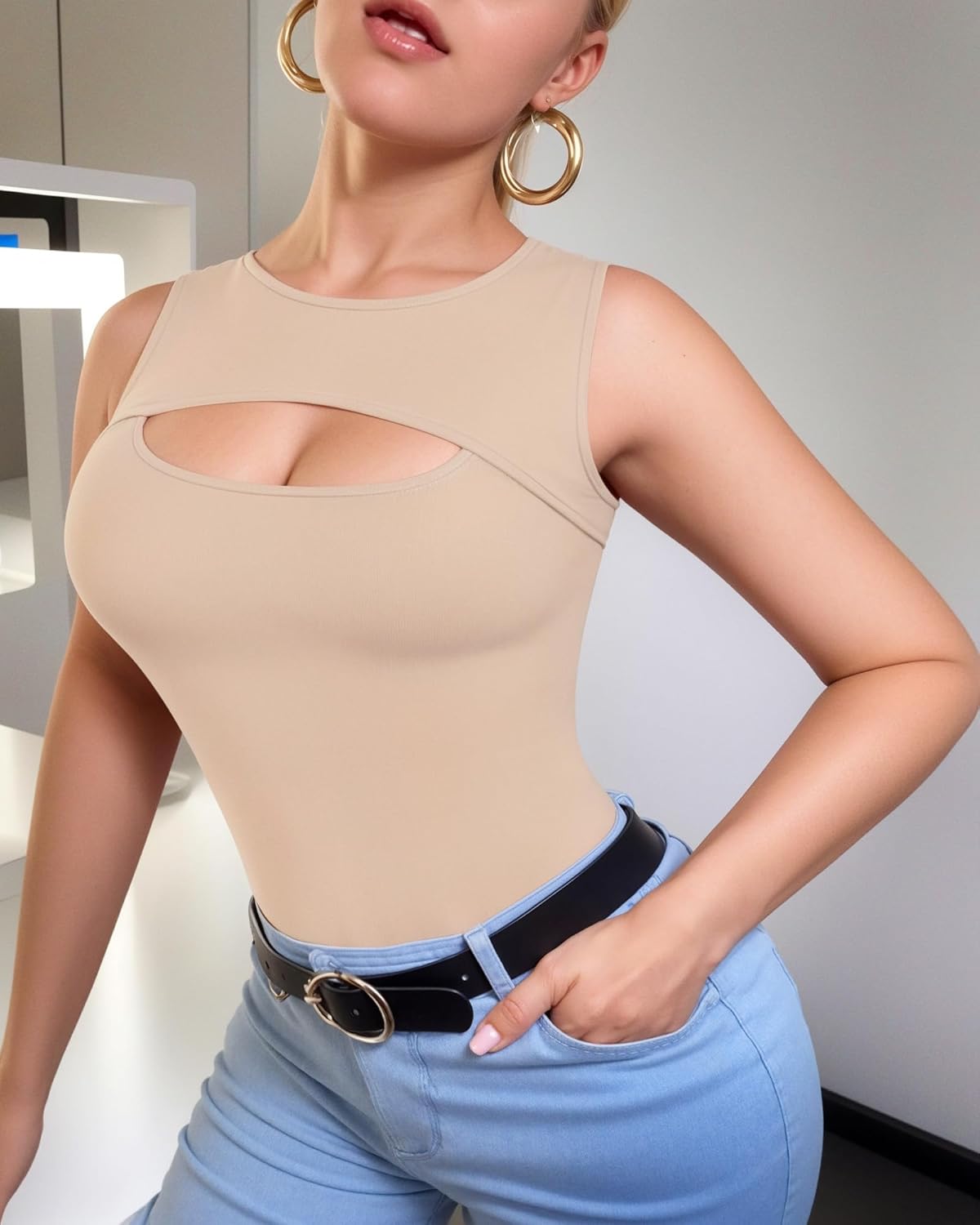 ALGALAROUND Sleeveless Tank Tops for Women Cut Out Front Ribbed Tshirt Crew Neck Casual Shirt - Image 2