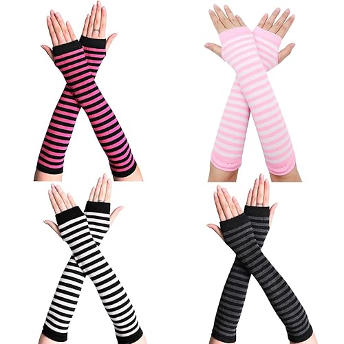 Scettar 4 Paare Damen Lange Fingerlose Handschuhe ，Gestreift Stricken Armwärmer für Frauen, Y2k Streifen Fingerlose Armstulpen Handschuhe für Herbst Winter