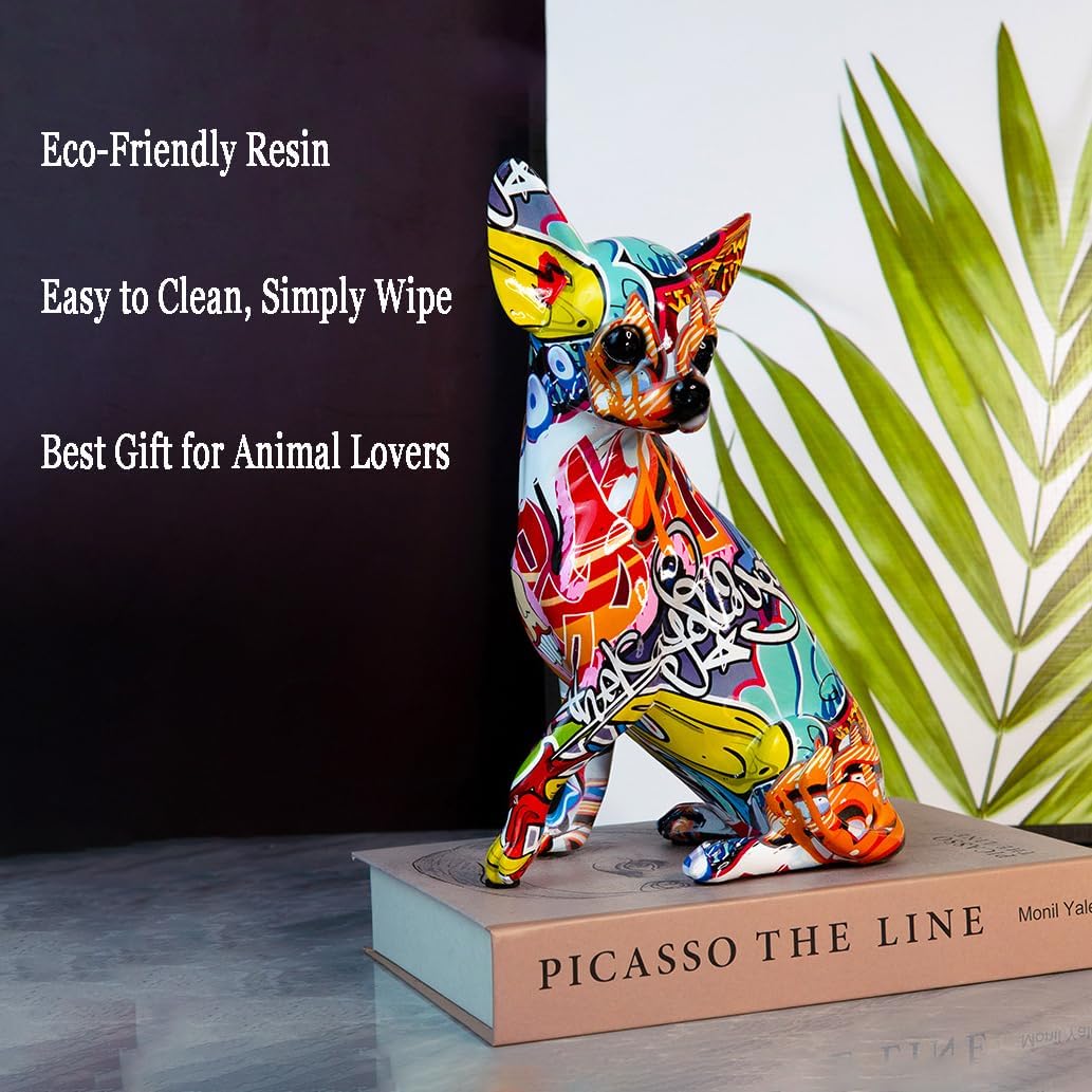 Graffiti Chihuahua Dog Statue Sculpture Animal Art Figurine Home Decoration for Living Room Bedroom Book Shelf TV Cabinet Desk Top Decor Table Centerpieces Ornaments (A1)
