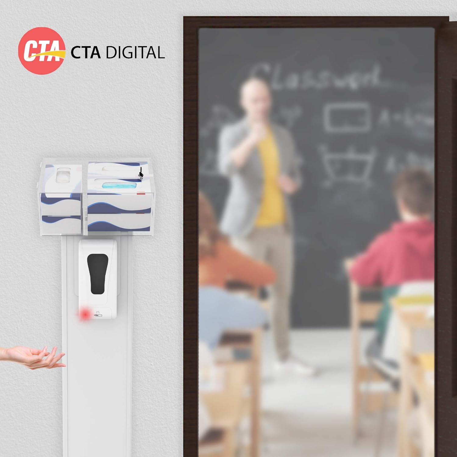 CTA Digital: Premium Locking Sanitizing Station Stand with Acrylic Glove & Mask Box, Contactless Soap/Hand Sanitizer Dispenser & Graphic Card Slot for Custom Branding, White (SAN-STT2W)