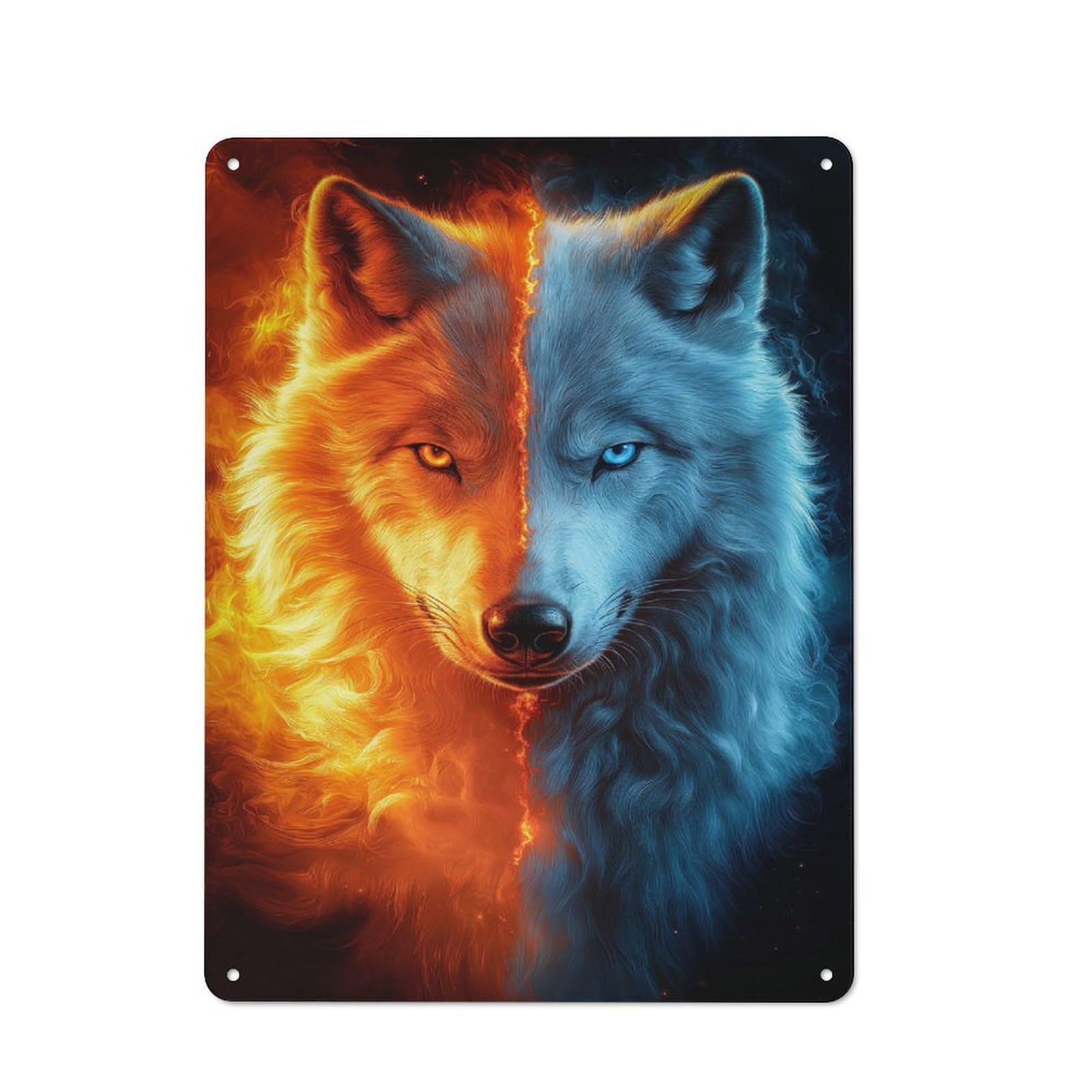 Vintage Tin Sign 40x30cm with Fire And Ice Wolf for Hobby Room Or Studio, for Studio Owners Refreshing A Room in Autumn