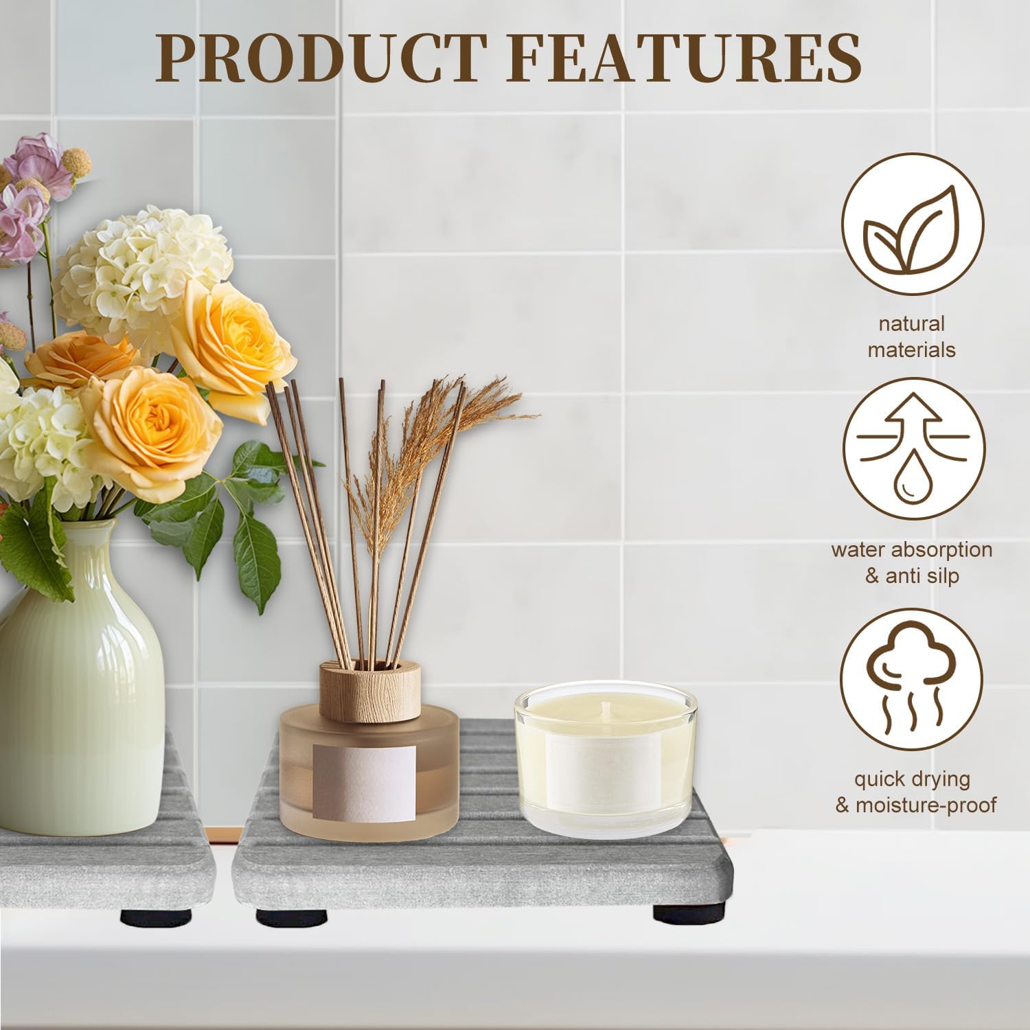 4PCS Gray Diatomite Tray Set, Water Absorbing Stone Coasters for Sink, Fast Drying Soap Holder & Sponge Rest for Bathroom Kitchen Countertop, Non-Slip Square Drying Mat, 4 x 4 x 0.4 Inches