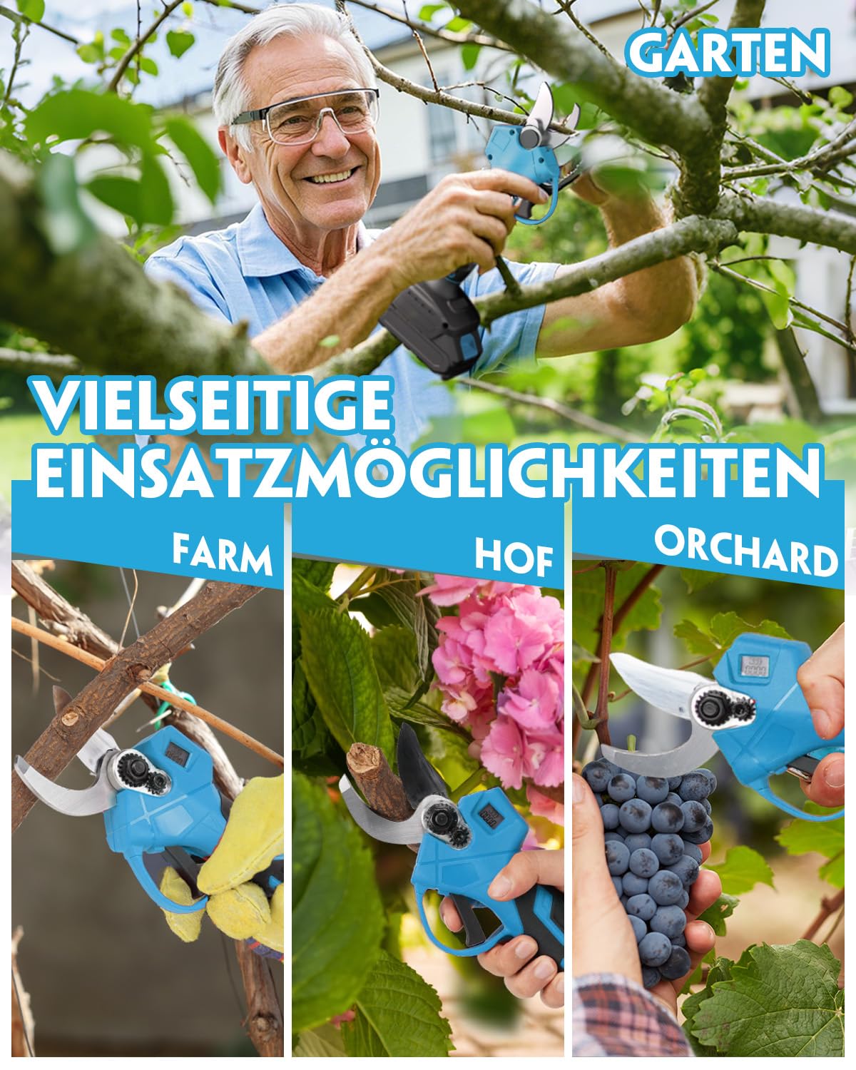 Veitorld Akku Astschere, 30mm Bürstenloser Motor Gartenschere mit 2 Akku 2000mAh, Elektrische Bypass-Baumschere für Makita 18V Akku, Ergonomischer Griff, Geschenke für Männer Frauen