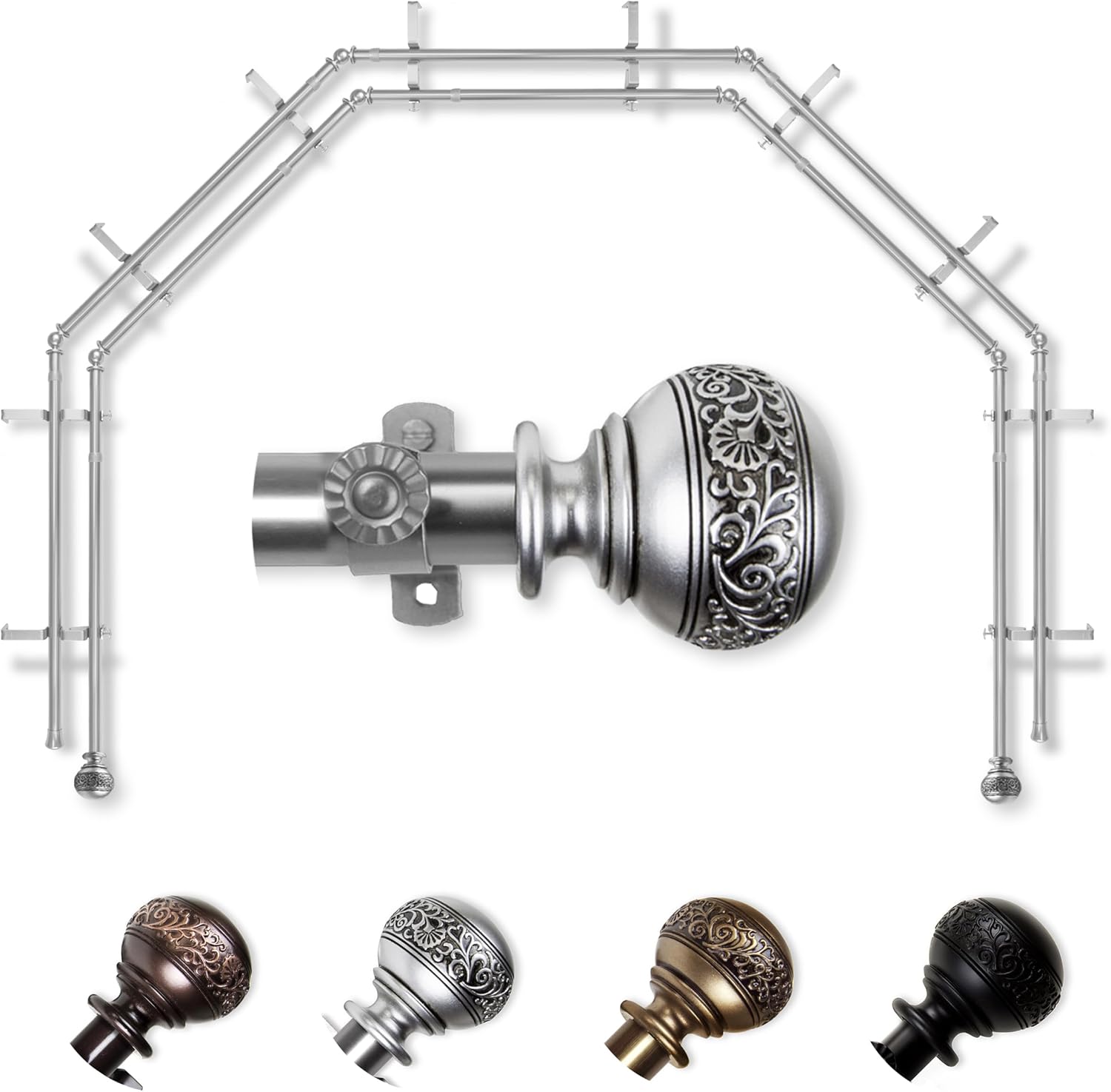 A&F Rod Décor - Nadeen 13/16" 5-Sided Double Bay Window Curtain Rod - Satin Nickel