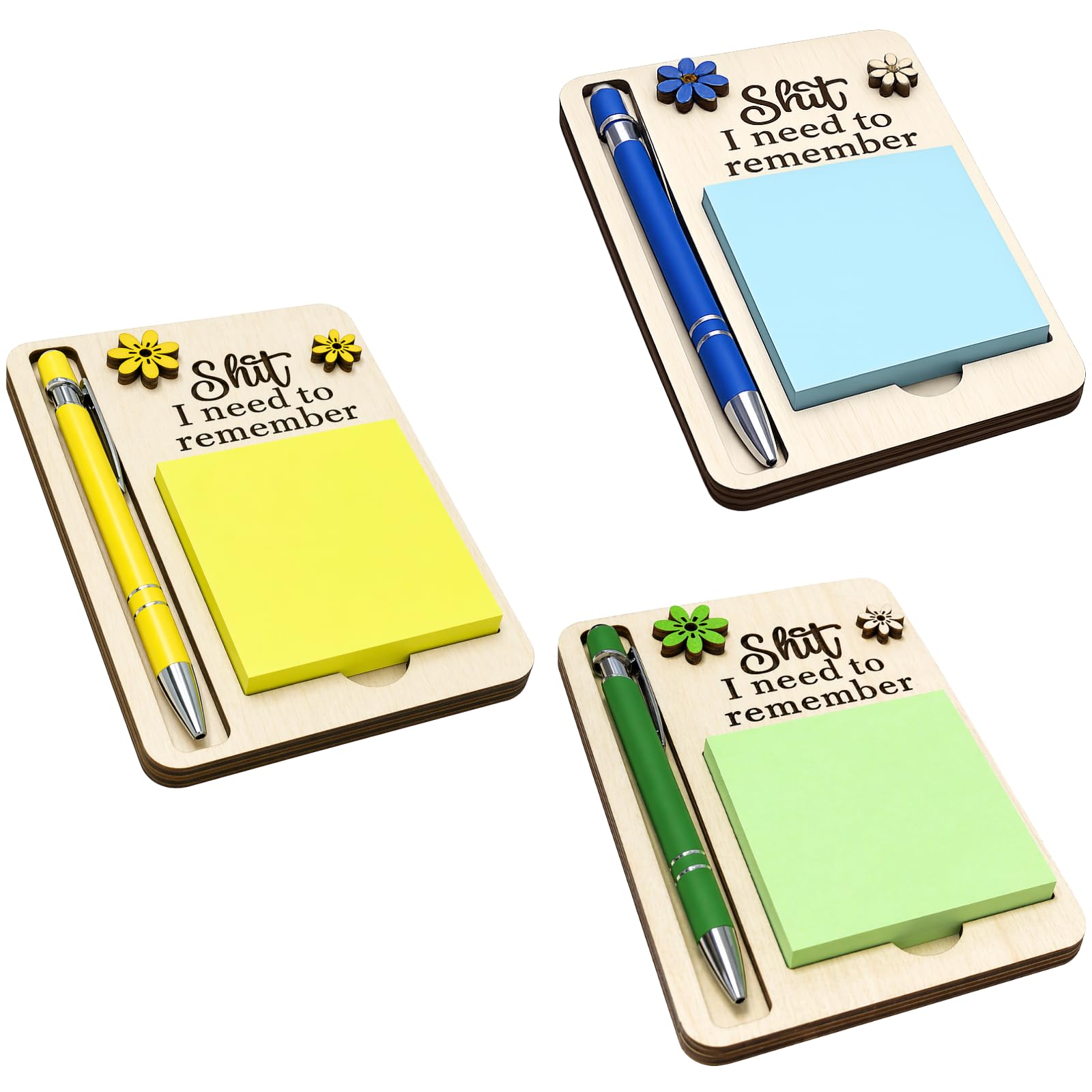 Generisch Set di 3 supporti per appunti adesivi, organizer da scrivania in legno per penne e memo, con foglietti e penne, 16 x 11,2 cm, per persone dimenticate, colleghi, insegnanti e infermieri