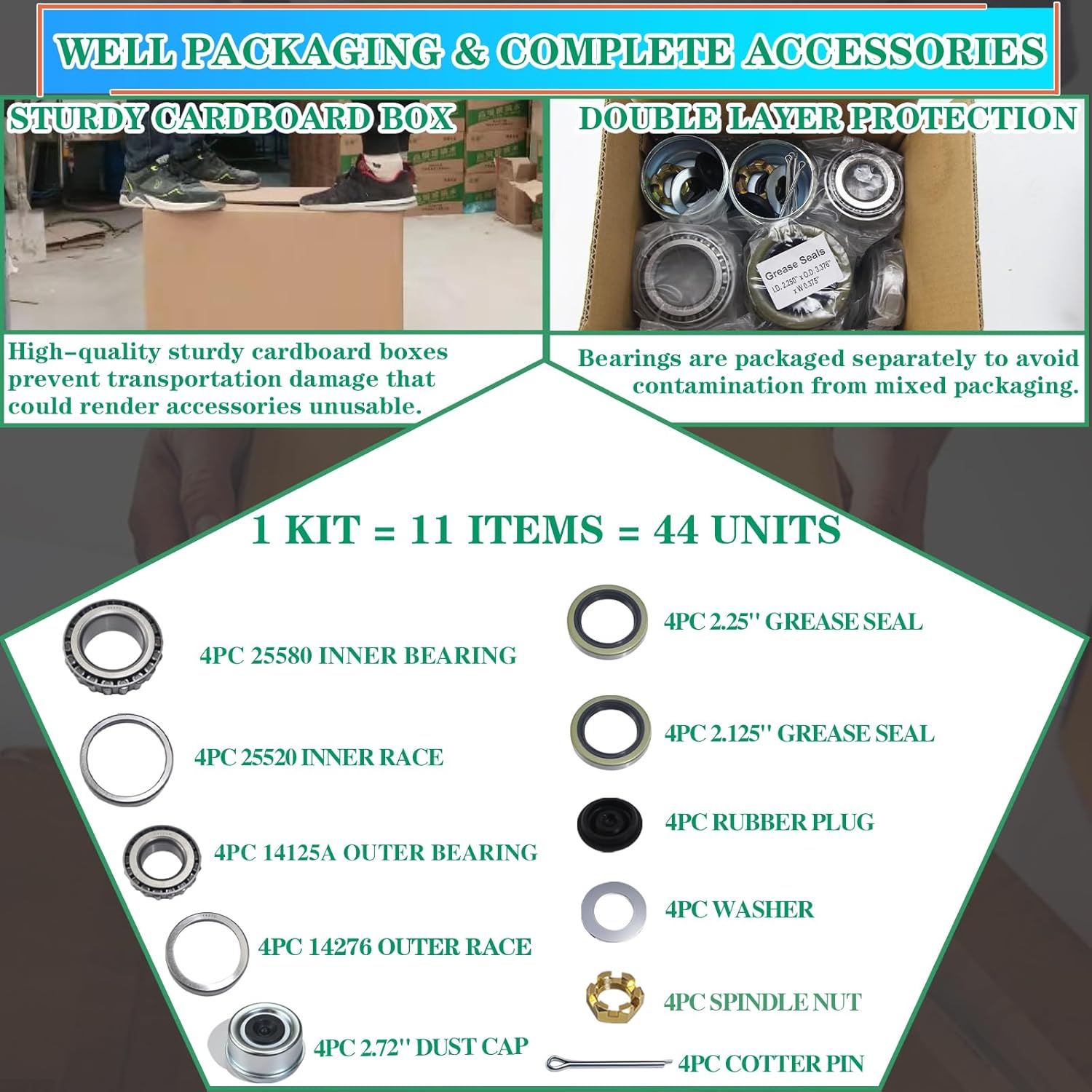 4 Sets 25580 14125A Trailer Axle Hub Bearings Kit for 7000 lbs Trailer #D42 Tapered Spindle with 21333TB Grease Seals, 2.72'' Dust Caps,Rubber Plugs, Cotter Pins,Spindle Nuts and Washers
