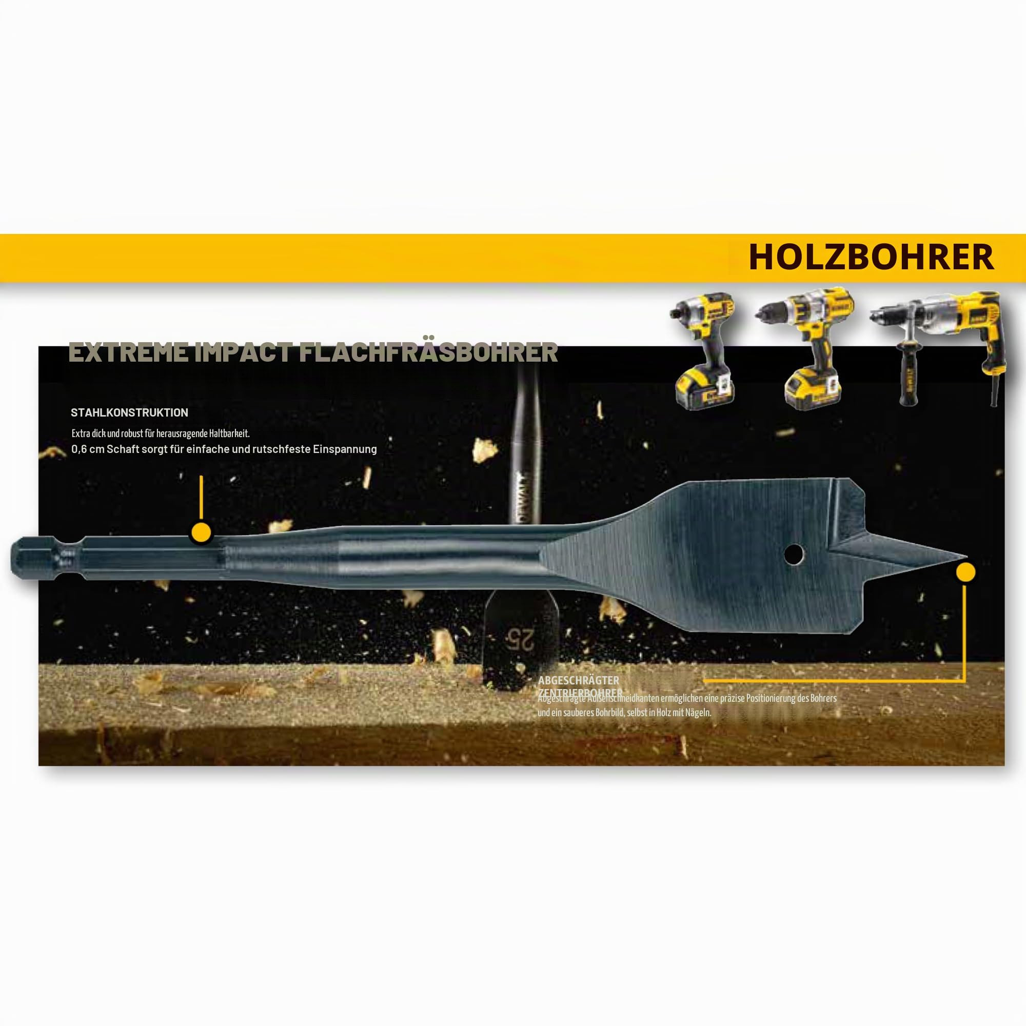 Dewalt Holz-Fräsbohrer-Set 9-tlg (12-32 mm, geschliffene Zentrierspitze, 1/4“ Schaft, für Hart-/Weichholz, Bauholz, Holz mit Nägeln geeignet) DT70751-QZ