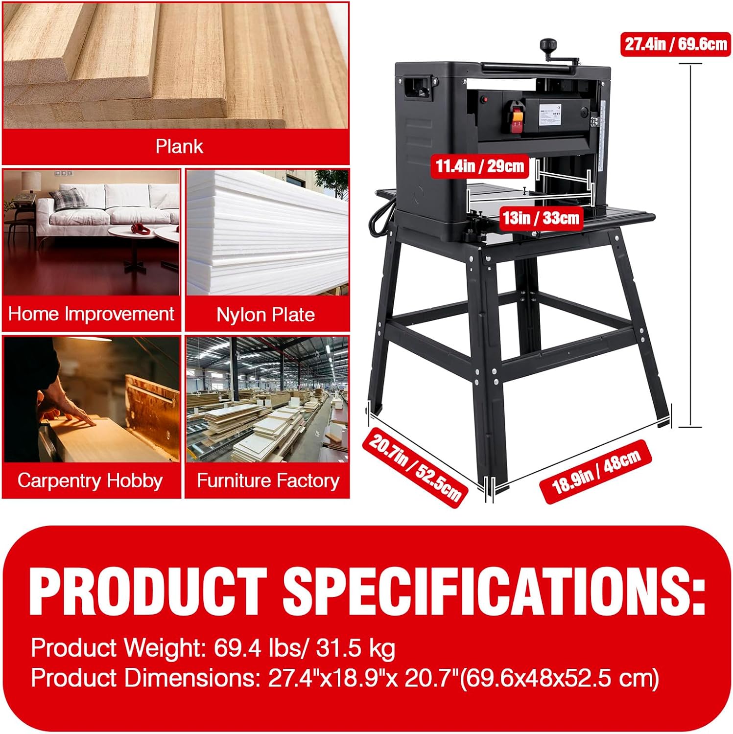 Happybuy 13-Inch Benchtop Thickness Planer, 2000W, 8000 RPM, 15 AMP, Foldable Iron Stand, Dust Exhaust, 6m/min Planing Speed, Perfect for Woodworking and Shaping Wooden Planks