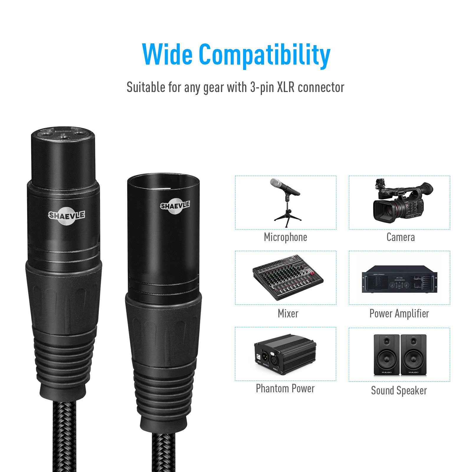 Cable de micrófono XLR macho a hembra de nailon trenzado de 3 pines para grabación de estudio y producción en vivo, 3 m, color negro