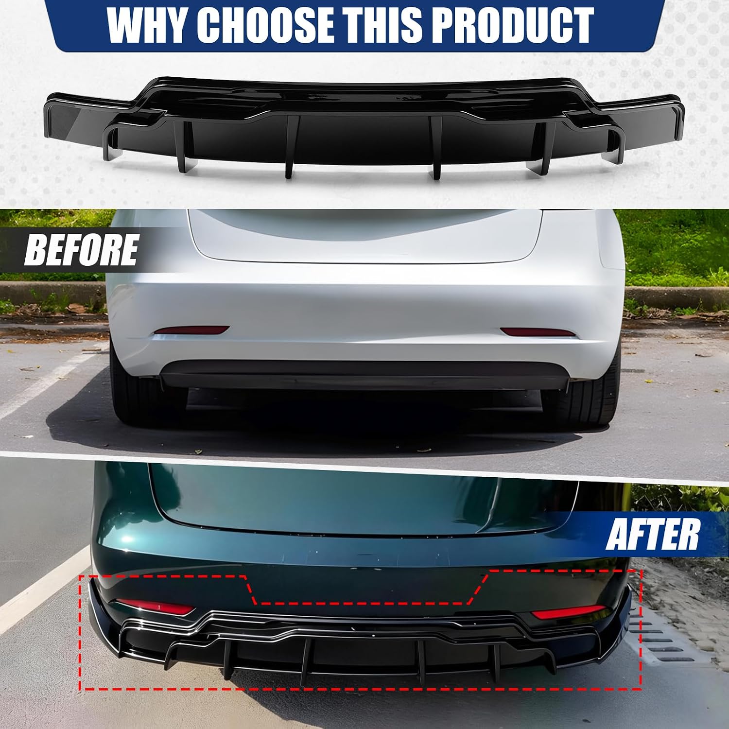 Rear Diffuser Compatible with 2017-2023 Tesla Model 3, Gloss Black Rear Lower Bumper Lip Splitter, Performance Shark Fin Design with Side Aprons
