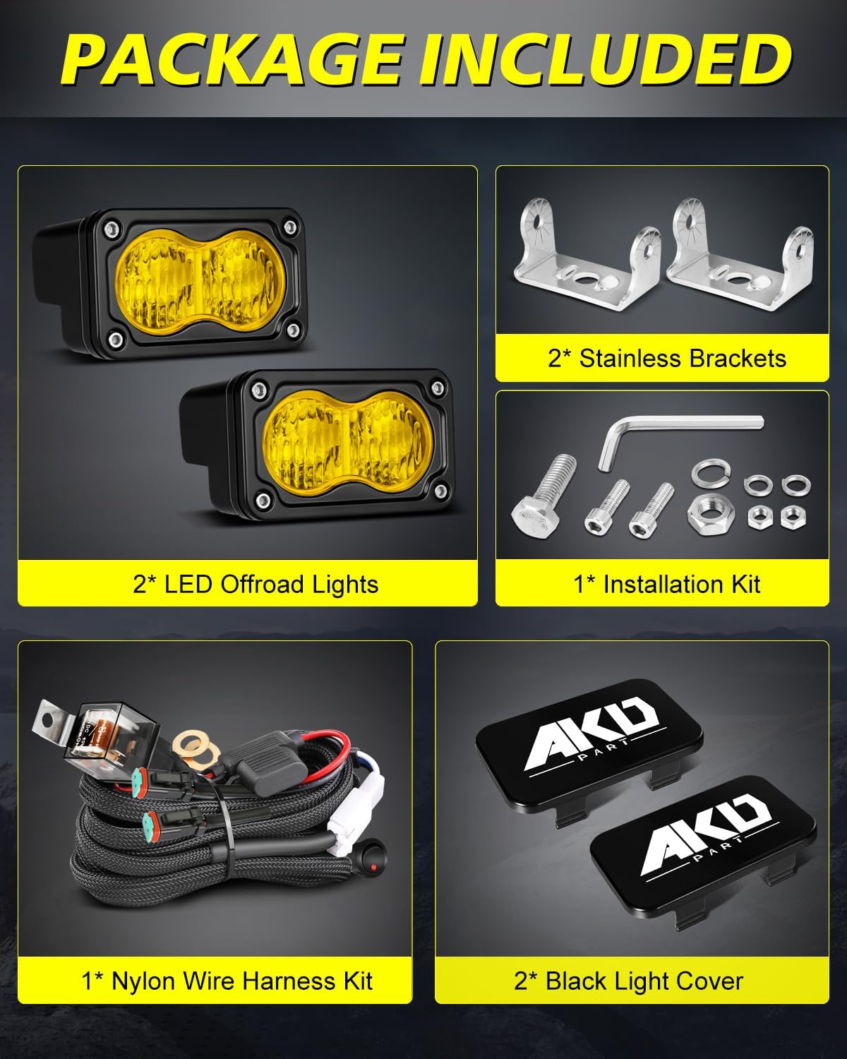 Yellow Flood LED Pods with Wiring Harness & Black Covers 3" 40W CREE LED Fog Lights Small Backup Reverse Chase Light 2 Packs for Trucks Motorcycle SUV UTV ATV Dirt Bike