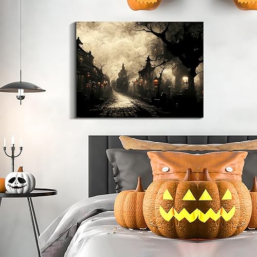 Miniatura 145 de Denozer Lienzo decorativo para pared de Halloween, castillo de terror de 32 x 24 pulgadas, decoración de pared de luna, decoración de otoño de Obra