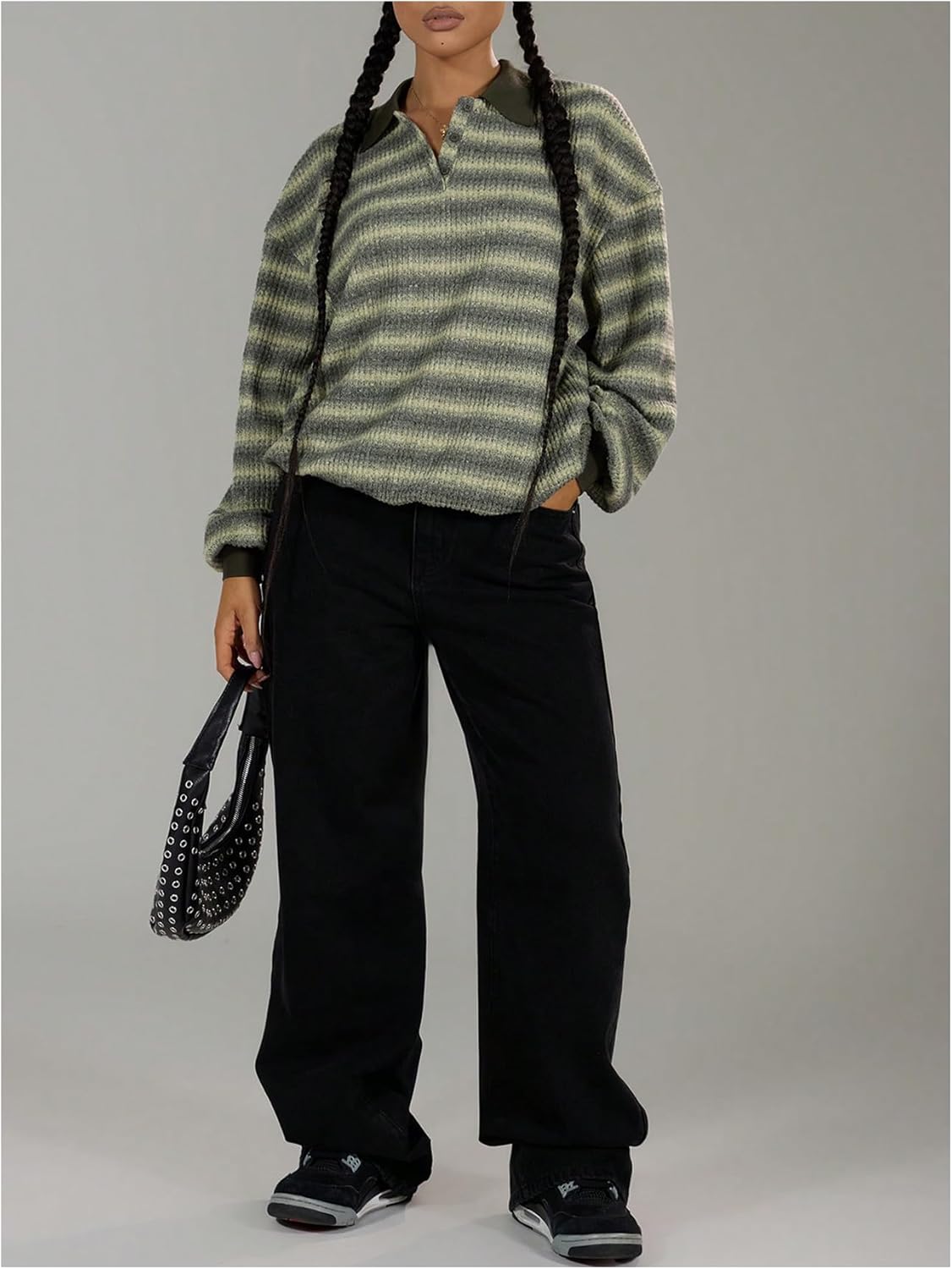 GORGLITTER Women's Oversized Striped Polo Sweater Collared Long Sleeve Y2k Preppy Vintage Aesthetic Knitted Rugby Shirt - Image 5