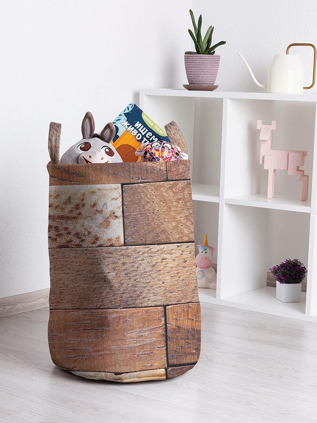 Ambesonne Rustic Art Laundry Bag, Wooden Flooring Parquet Modern Style of Floor Print Graphic Design, Hamper Basket with Handle Drawstring Closure for Laundromats, 13" x 19", Caramel Camel and Pearl