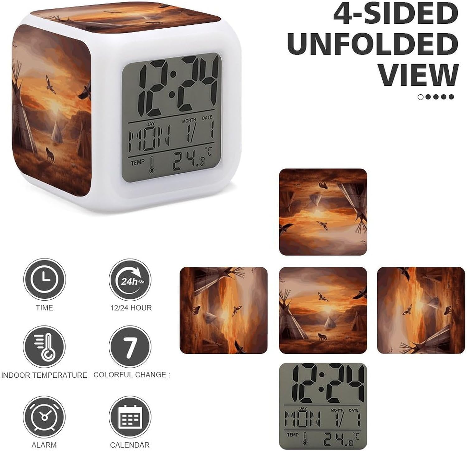 Night Light Alarm Clock, 7 Color Changing, Native American Tribes image 4